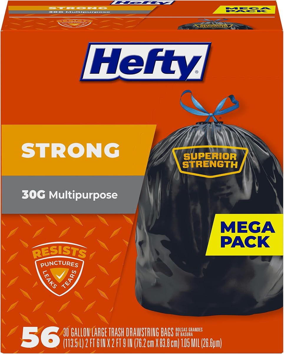 Hefty Strong 30 Gallon Trash Bags, Large Trash Bags 30 Gallon Size, Durable Drawstring Enclosure, Resists Punctures, Leaks, and Tears, Black, Unscented, 56 Bags