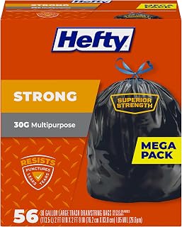 Hefty Strong 30 Gallon Drawstring Trash Bags - Puncture-Resistant, Leak-Proof, Tear-Tough Black Unscented, 56 Count