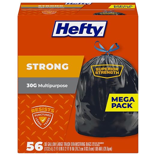 Hefty Strong 30 Gallon Trash Bags, Large Trash Bags 30 Gallon Size, Durable Drawstring Enclosure, Resists Punctures, Leaks, and Tears, Black, Unscented, 56 Bags | 30G Large Trash Bags, Resists Leaks, Punctures, Tears, Ideal for Party Cleanup, Donations, Storage, Multipurpose Uses