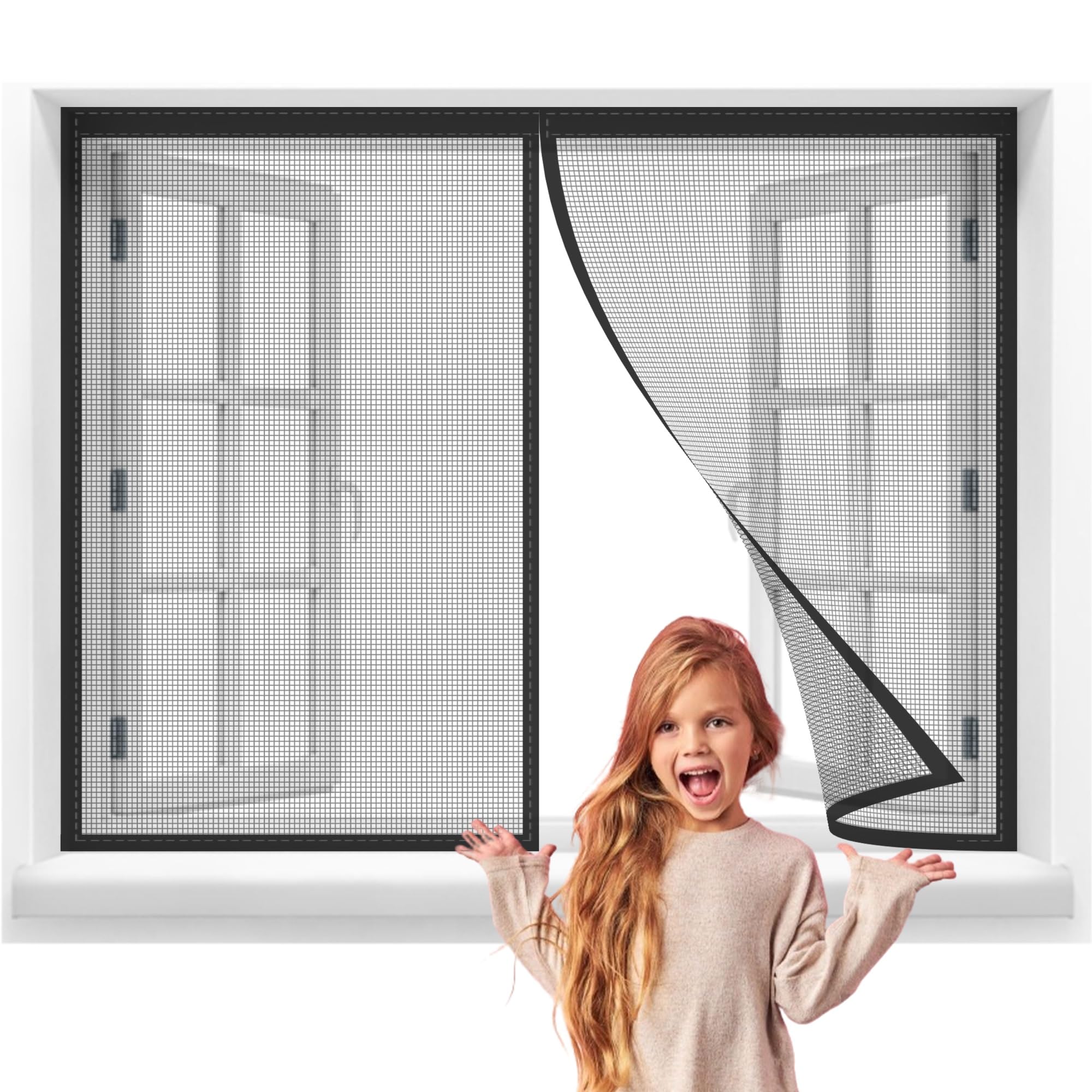 Pollenschutzgitter 165x220cm Netz zuschneidbarer,transparenter Pollenschutz für Allergiker - für nach innen öffnende Fenster - inkl. selbstklebendem Klettband Schwarz