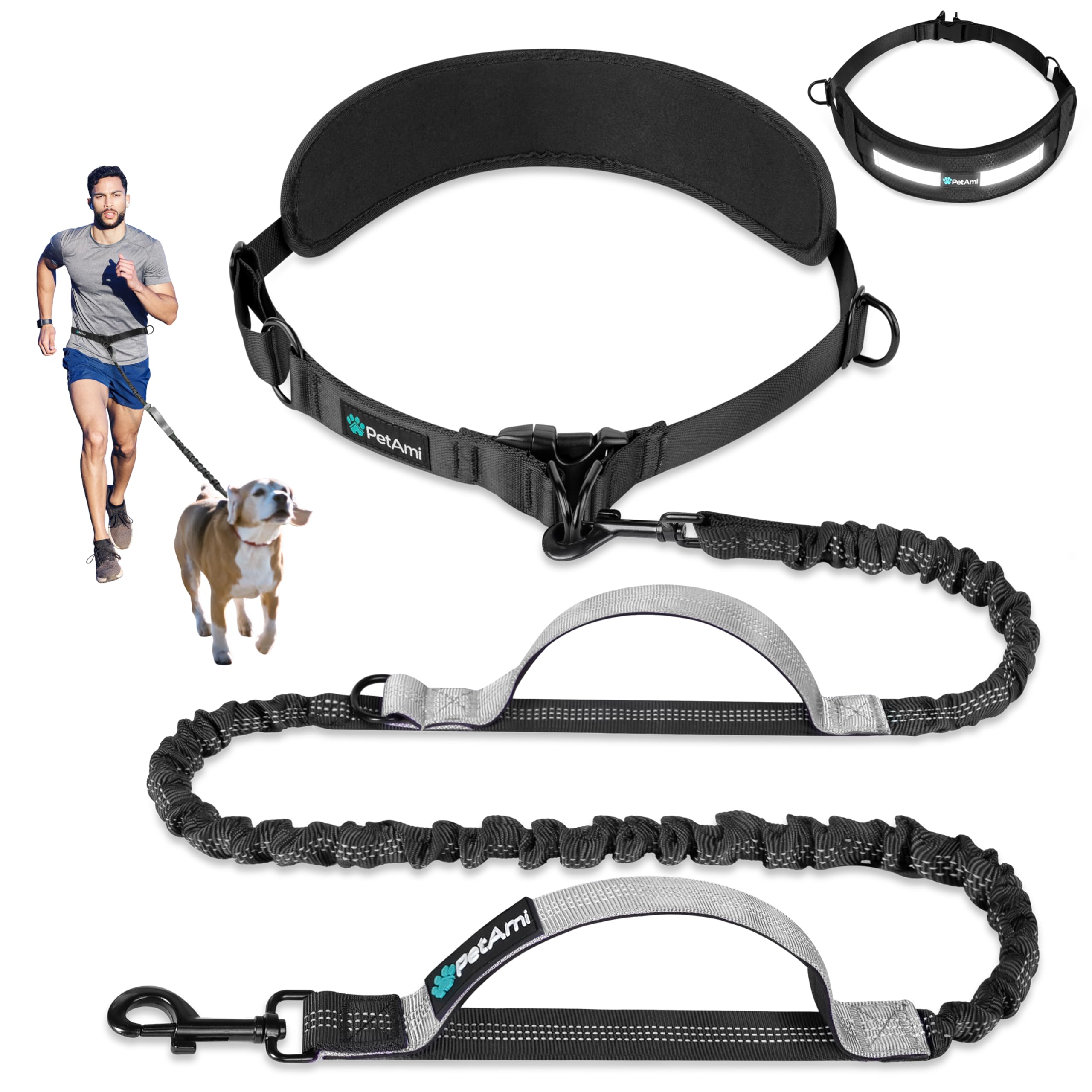 PetAmi Heavy Duty Hands Free Dog Leash, Adjustable Waist Belt for Large Dog Walking Up to 125 lbs, Bungee Leash for Pet Running, Hiking, Reflective Safety for Jogging, Biking, Grey Handle
