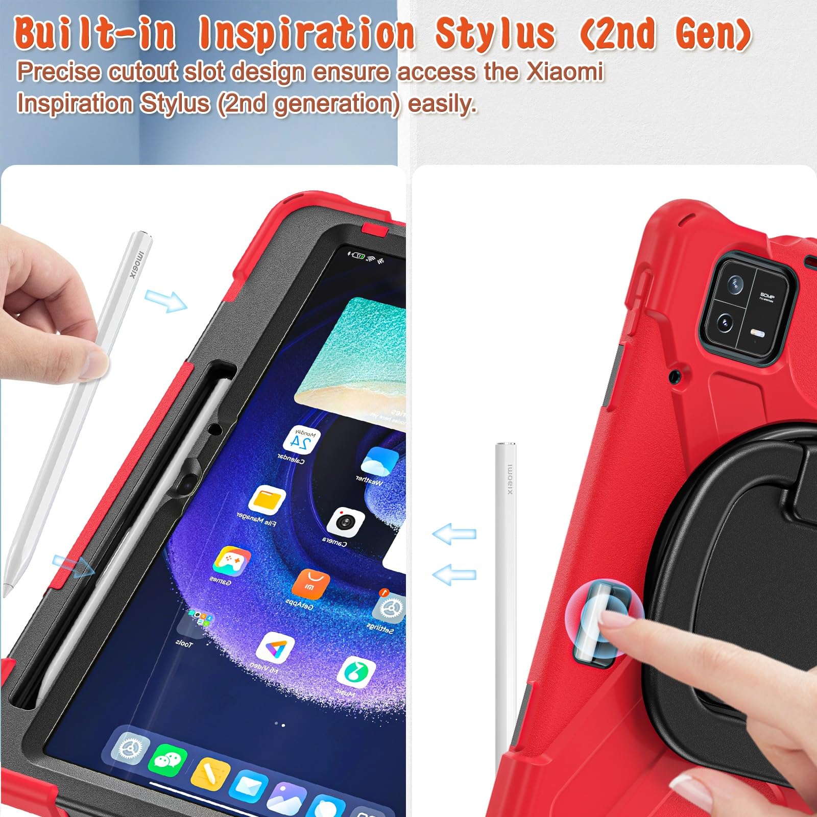 Etui kompatybilne z Xiaomi Pad 6/Pad 6 Pro 11 cali 2023 wydane, wytrzymałe etui dziecięce TPU odporne na wstrząsy, obrotowy uchwyt wielofunkcyjny 360 stopni + pasek ramię wytrzymała obudowa(Rosso)