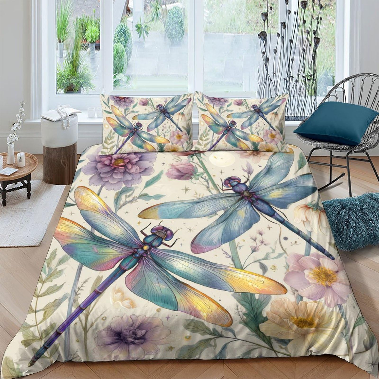 Ctjqhvkz Style-1 3D Printed Dragonfly Floral Fitted Sheet Microfiber Soft Breathable Nature Pattern Mattress Cover Bedroom Decor Single（135X200cm）