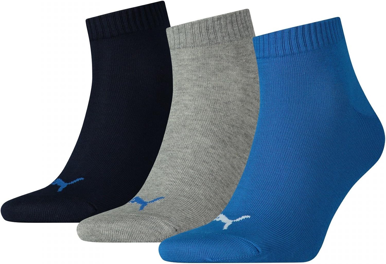 3 Pack Puma Unisex Quarter Trainer Sports Socks Blue/Grey Melange 911