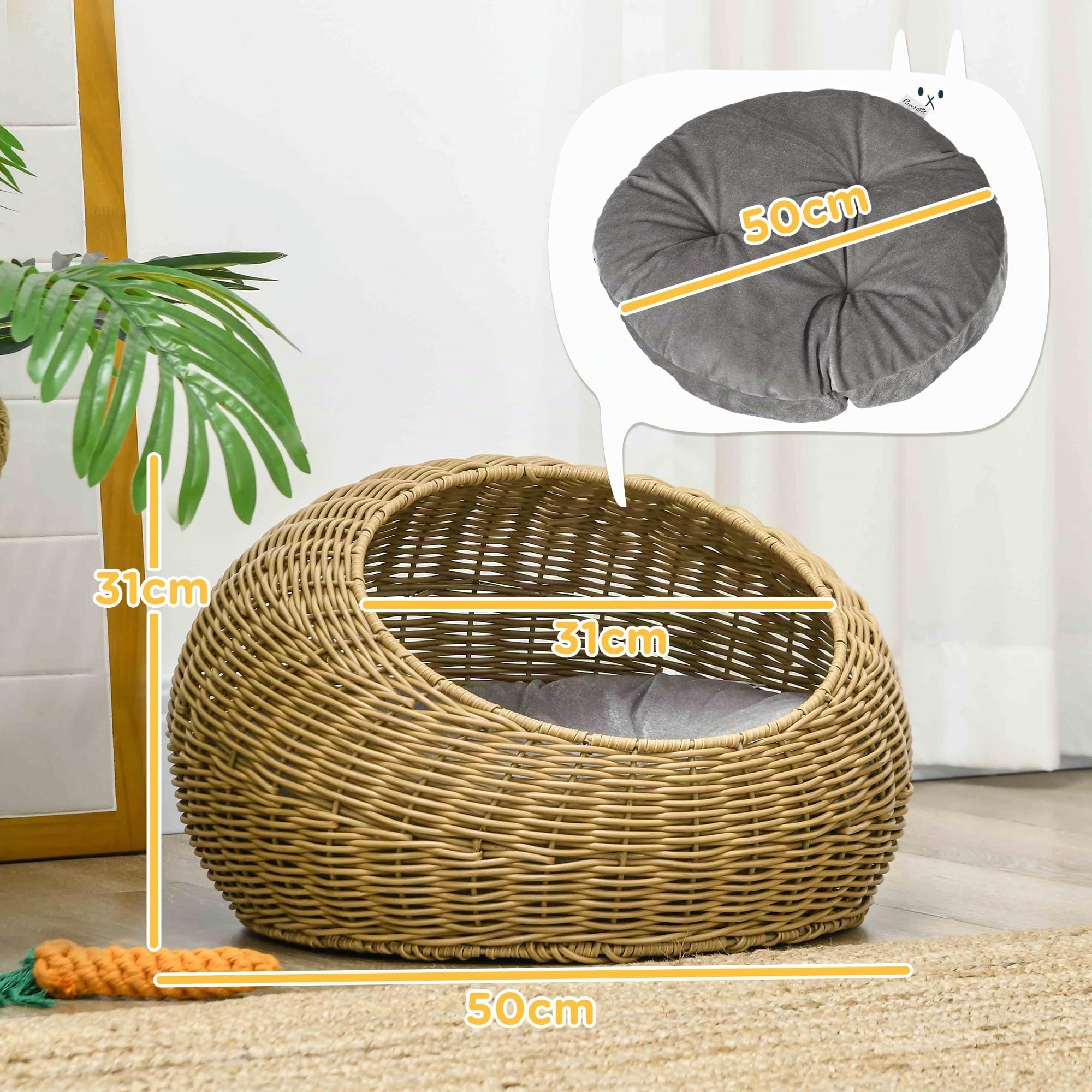 PawHut Niche pour Chat lit pour Chat Panier de Chat en résine tressée Imitation rotin Coussin Doux déhoussable Ø 50 x 31H cm Marron Clair