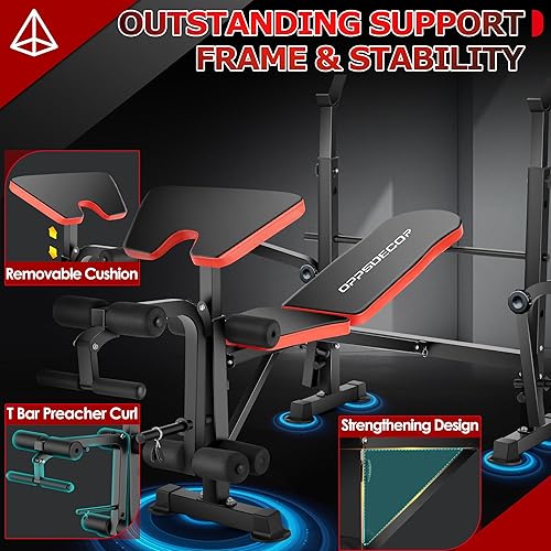 Miniatura 3 de OPPSDECOR Juego de banco de pesas todo en uno de 900 libras con estante para sentadillas, banco de entrenamiento ajustable con desarrollador