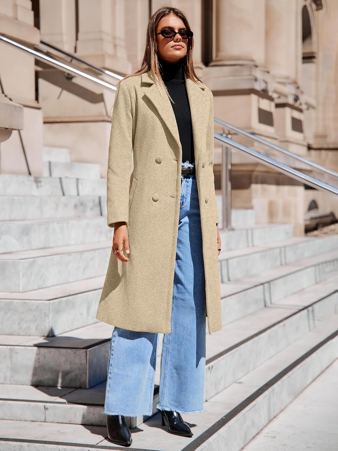 Simplee Women's Winter Lapel Collar Pea Coat Double Breasted Long Overcoat Trench PeaCoat With Belt