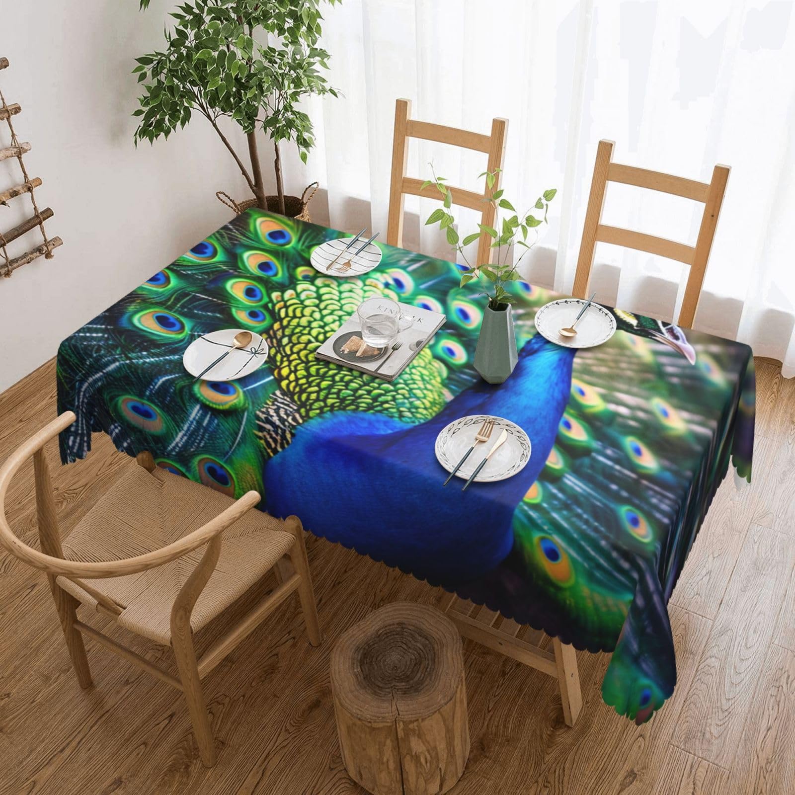 WPKJU Beautiful Peacock Printed Rectangle Tablecloth 72x54 Inch with Lace Trim, Water-Resistant Washable Table Cover for Farmhouse Weddings, Outdoor Picnics & Holiday Dining