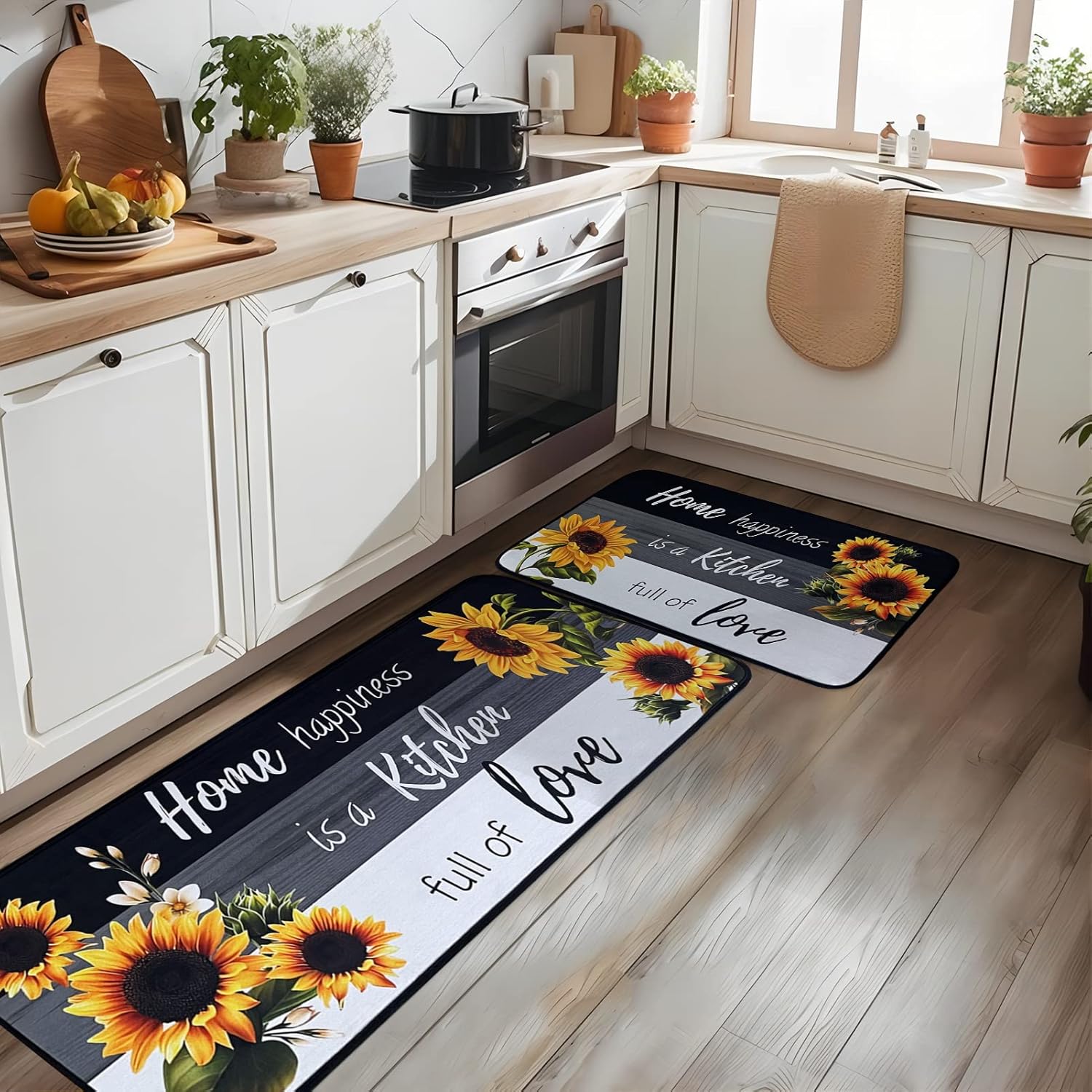 Voanos Sunflower Kitchen Rugs,Non Skid Washable Microfiber mats for Kitchen Floor, Black White Kitchen Cushioned Runner Rug Decor Sets of 2,Size 17"x 47"+17"x 30"