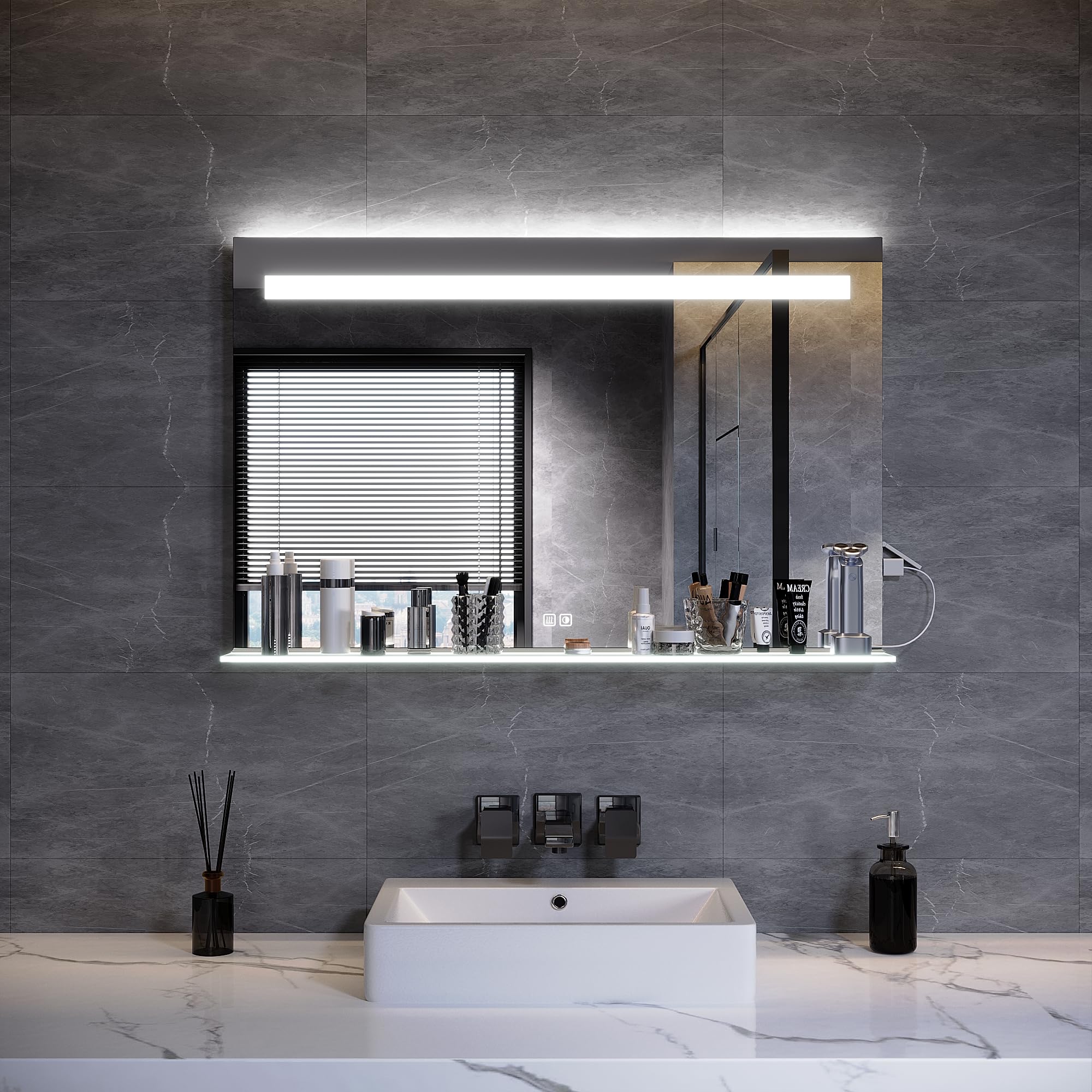 ELEGANT Bathroom Mirror with Shaver Socket, 100x65cm LED Illuminated Bathroom Mirror with Adjustable Shelf, 3 Colors Dimmable, Defogging, Touch Sensor & Memory Function, IP44 Waterproof — image 1