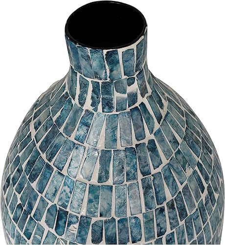 Miniatura 5 de Deco 79 Jarrón inspirado en mosaico hecho a mano con nácar, 11 x 11 x 22 pulgadas, azul