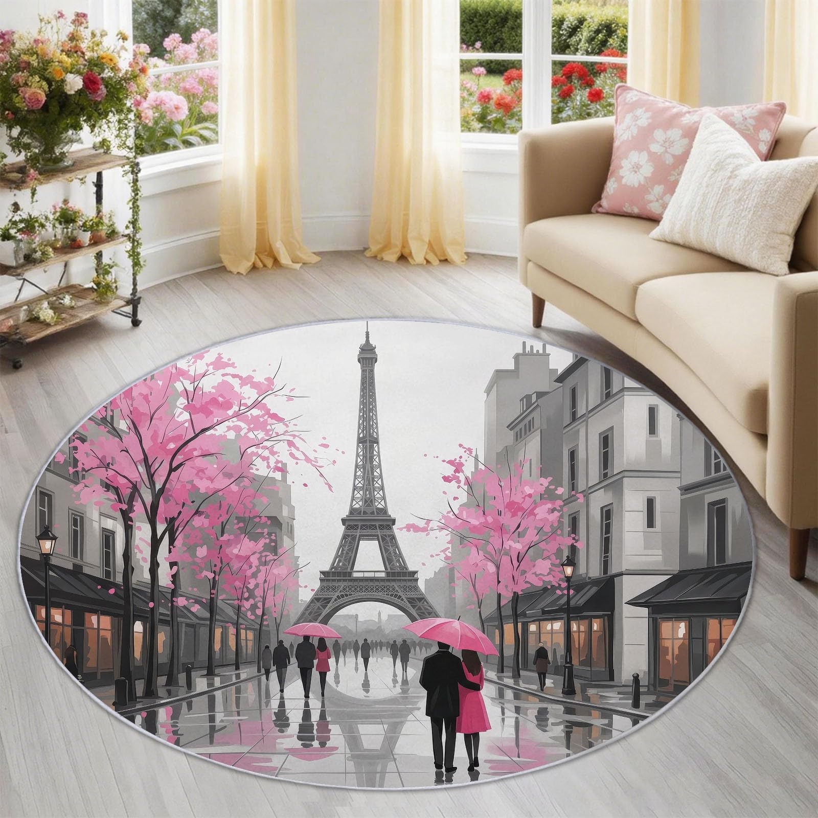 Tapis rond flanelle pour salon et salle à manger, tapis rose antidérapant et lavable