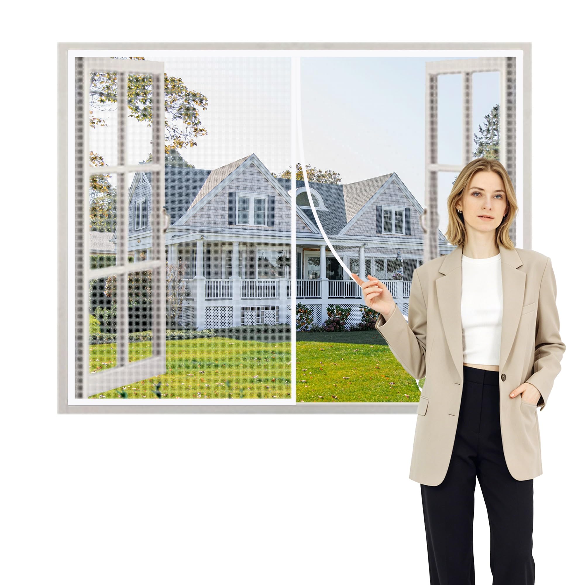 Mosquito Net for Windows 175x205cm Polyester Magnetic Automatically Seal Hands Free Anti Mosquito Net Hands Free Mesh Partition with Powerful Magnets Full Frame Magic Tape White