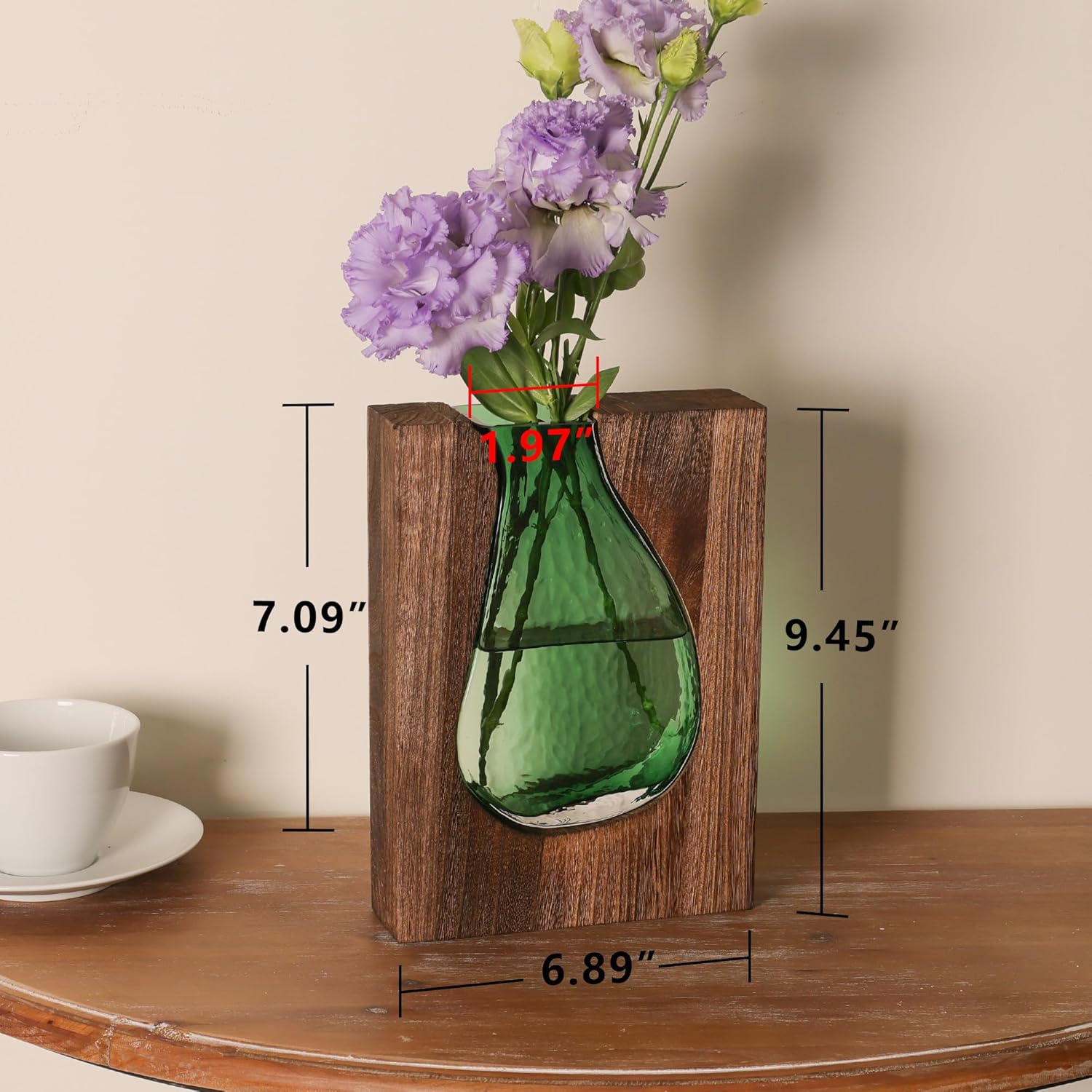 Wood and Glass Inlay Vases Farmhouse Wooden Glass Flower Vase Solid Wood Glass Vase Home Decor Vases for Centerpiece (9.29 Inches) - Image 6