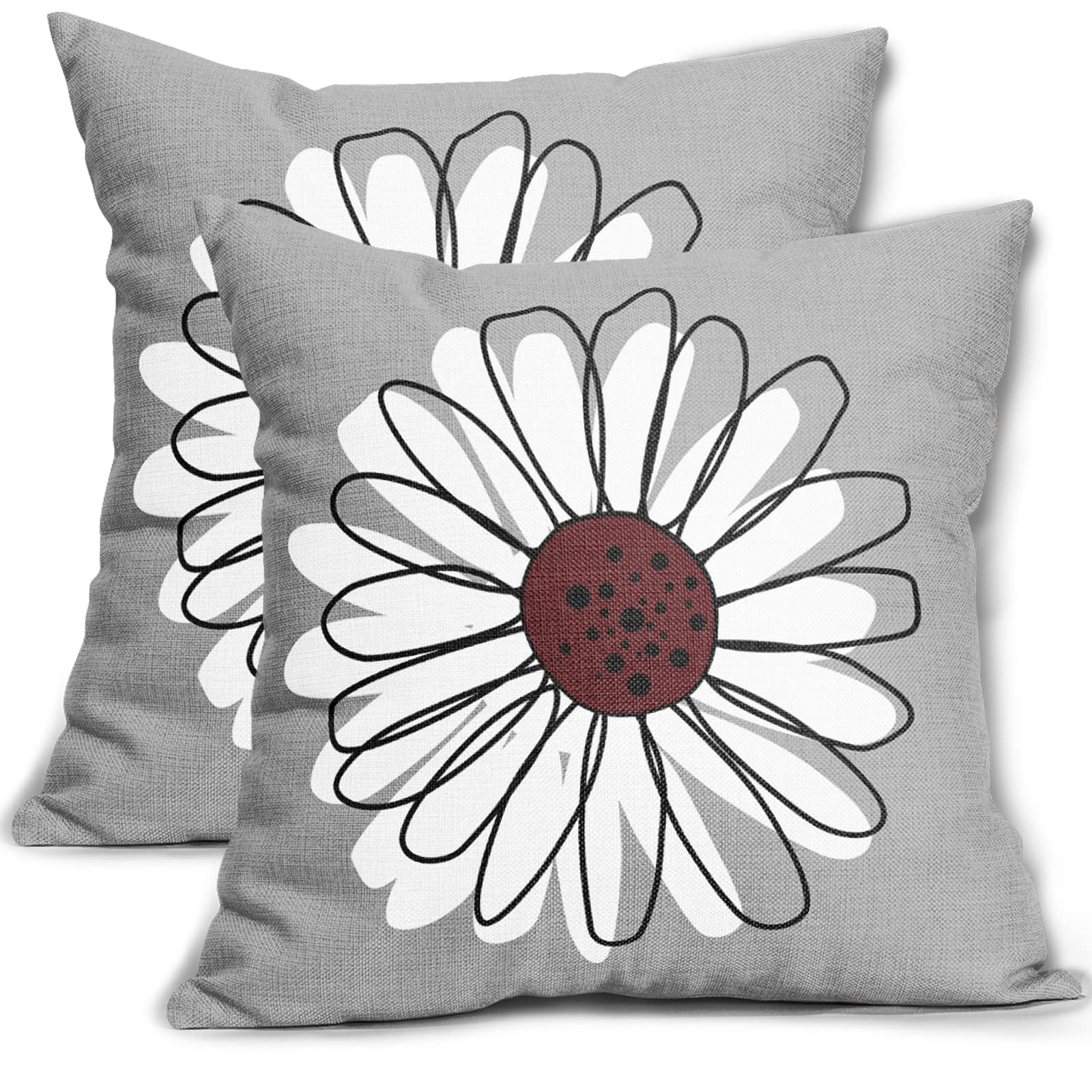 Burgundy White Daisy Pillow Covers 16x16 Set of 2 Spring Summer Gray Grey Colored Decorative Throw Pillows Outdoor Modern Art Flower Pillowcase Square