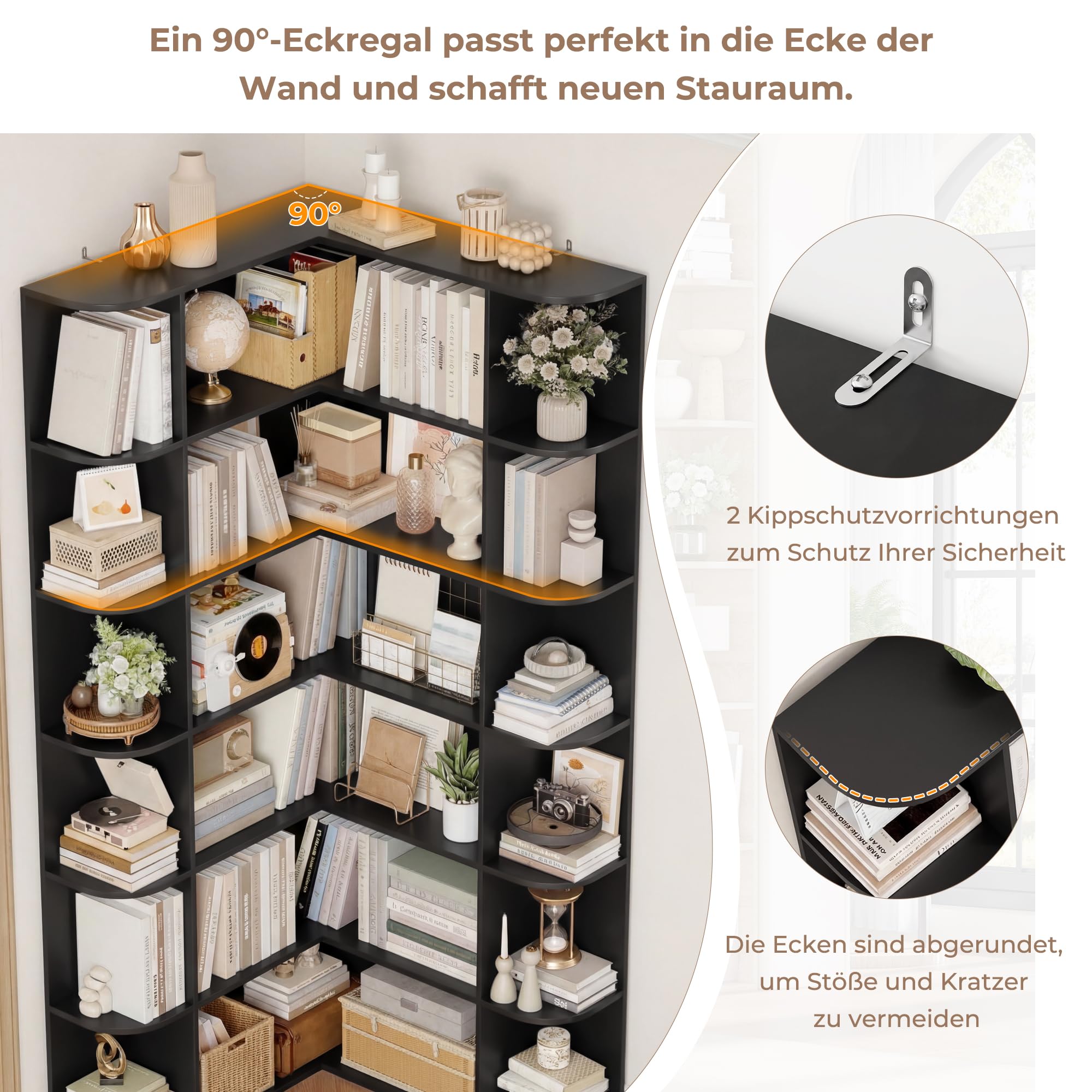 FirFurd 185 cm Eckregal Bücherregal Ecke Eckschrank mit 6 Ebenen schwarz | Eckbücherregal stehend, Bücherschrank L-förmig, Eckvitrine für Arbeitszimmer, Wohnzimmer, Bibliotheken, 80 x 84 x 185 cm