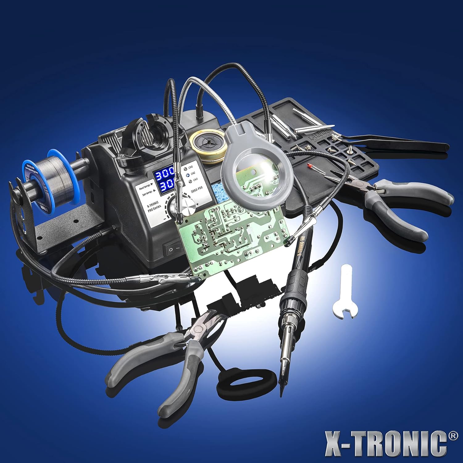 X-Tronic 3060-PRO • 75W Soldering Iron Station Kit • 5 Extra Tips • Mini Mag Lamp • 4 Helping Hands • Solder Sucker • Tweezers • 50g Solder • Brass Sponge w/Flux • Sleep Func, °C/°F, 3 Temp Presets!