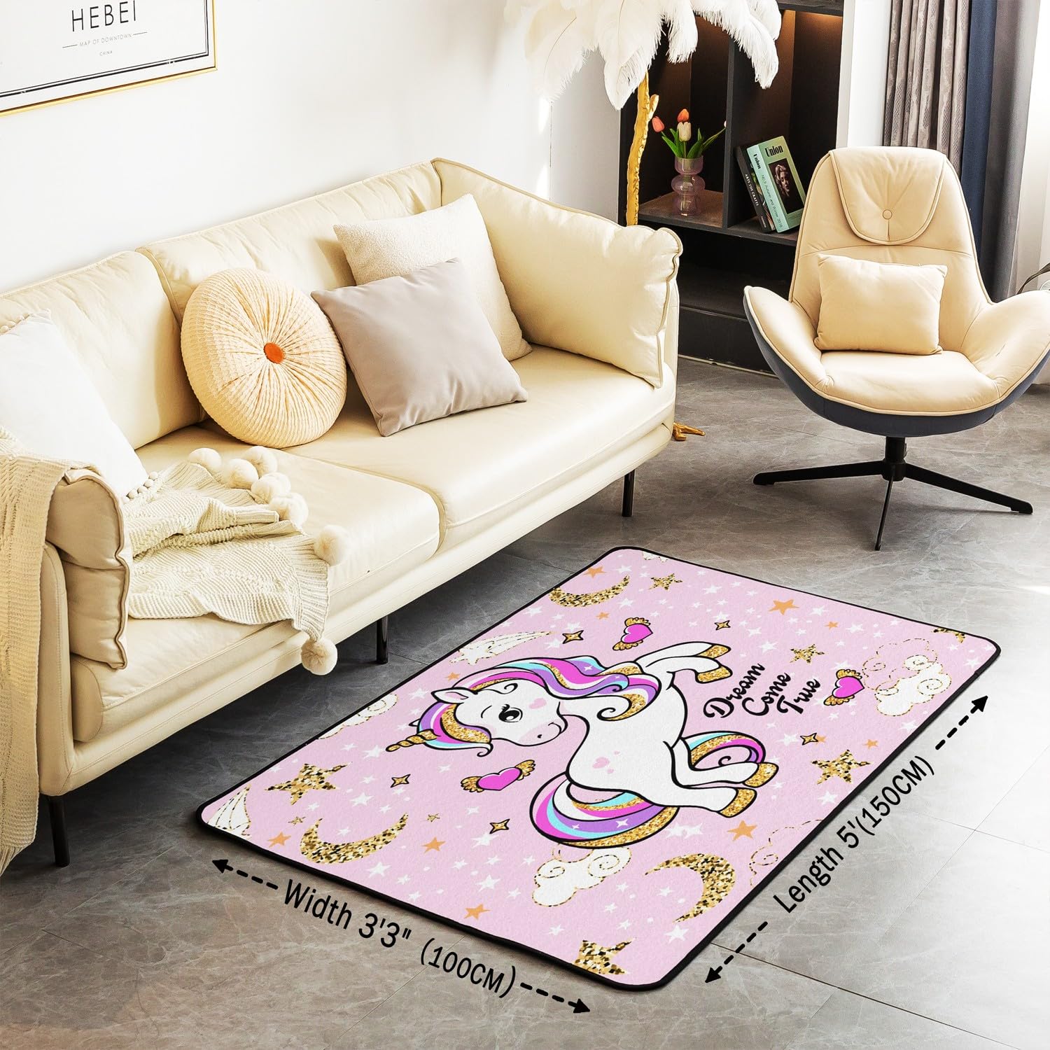 Homemissing Licorne Glitter Salon Tapis Chambre 100x150cm Fille Mignon Licorne décoratif Rainbow Tapis de Salon Cloud Star Cartoon Licorne Rose