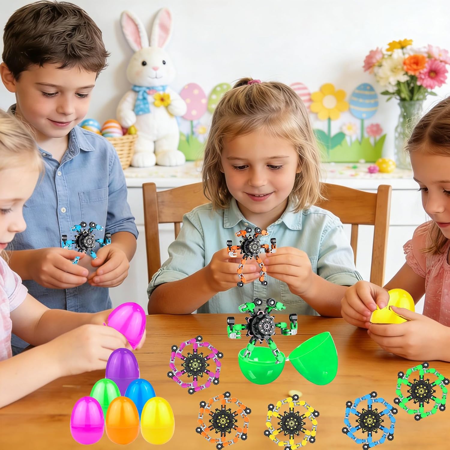 24 Set Prefilled Easter Eggs with Fingertip Spinner Sensory Toys,Transformable Chain Robot Fidgets Spinners Toy,Easter Basket Stuffers Easter Egg and Party Favor Basket Stuffers Filler Classroom Prize
