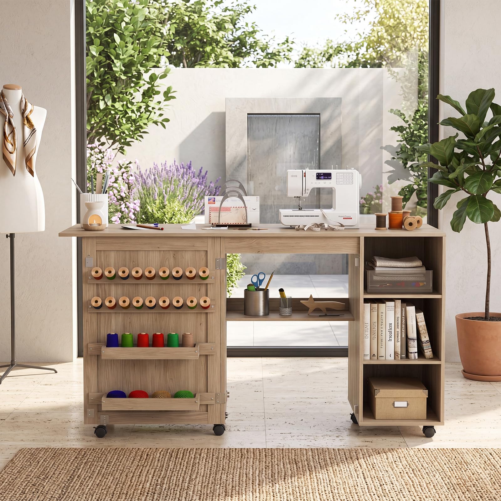 GIANTEX Armario de Costura Plegable con 6 Ruedas (Marrón, sin Cajón) | Mesa de Coser con Estantes Abiertos y Portacarretes, 146x50x78 cm, Mesa Multiusos 2 en 1 para Dormitorio, Salón y Estudio