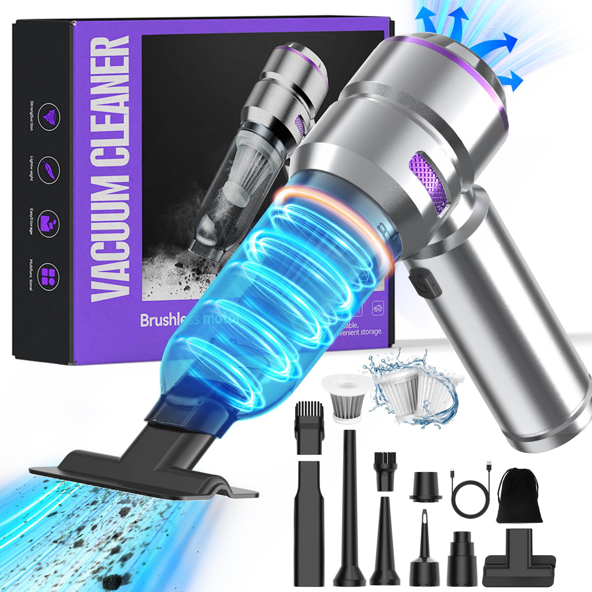 Aspirador de Mano,16000 Pa Mini Aspirador de Coche,Portátil Potente Multifuncional Aspirador Sin Cable para PC,Hogar,Coche, Oficina,Sofá