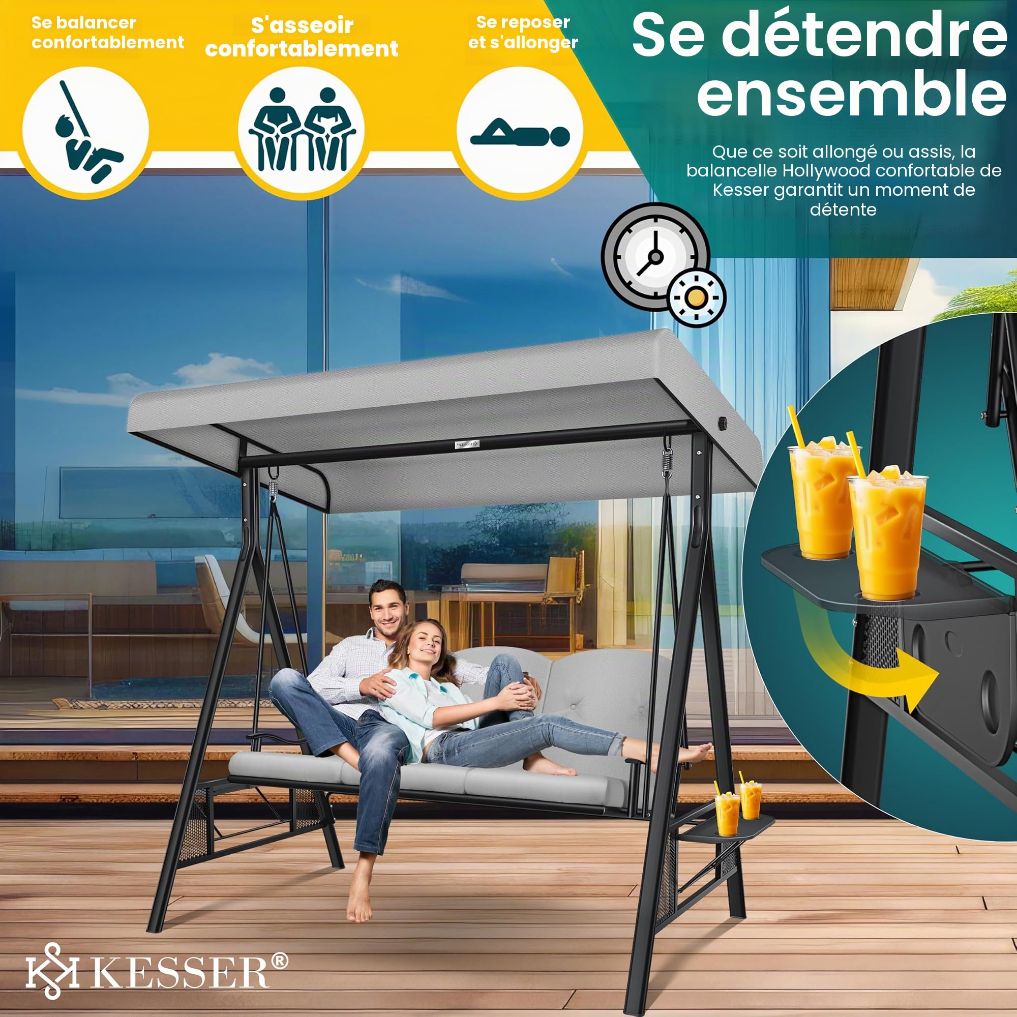 KESSER® Balancelle de jardin 3 places avec toit pare-soleil et coussin d'assise - Charge maximale : 360 kg - Avec pieds antidérapants - Imperméable - Pour l'extérieur et l'intérieur
