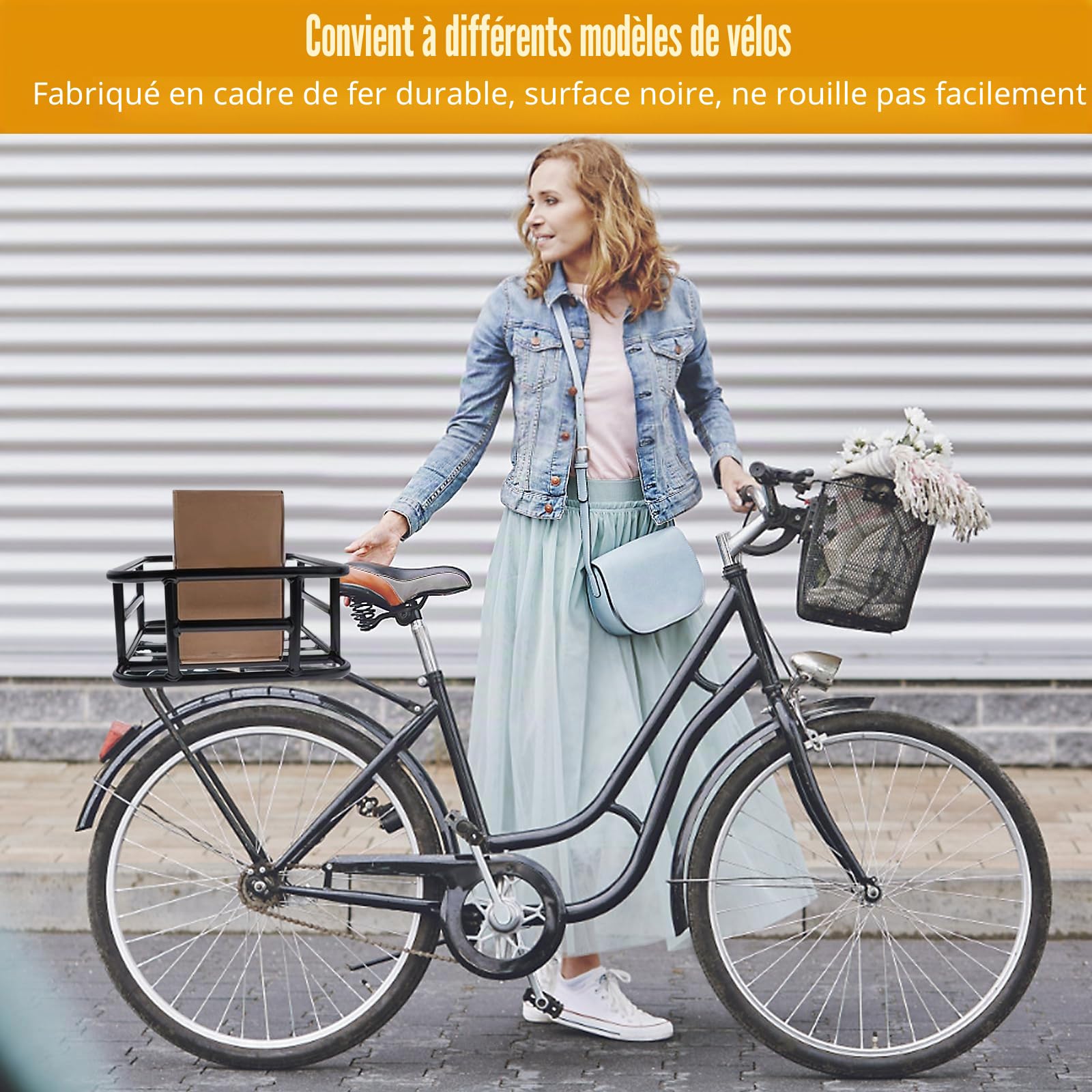 TWSOUL Grand panier de vélo arrière en fer, noir, avec cadre en fer, multifonction pour vélos électriques et traditionnels, panier amovible à l'arrière, grande capacité (45 kg), montage en rack