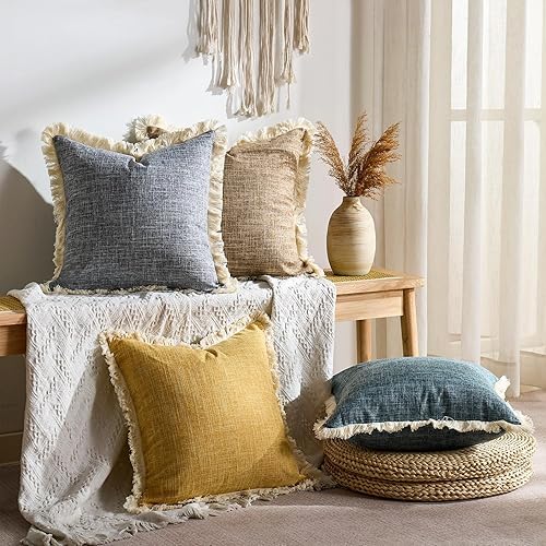 Miniatura 5 de Juego de 2 fundas de almohada de lino sintético de 20 x 20 pulgadas, color amarillo mostaza, fundas de almohada decorativas de estilo bohemio con