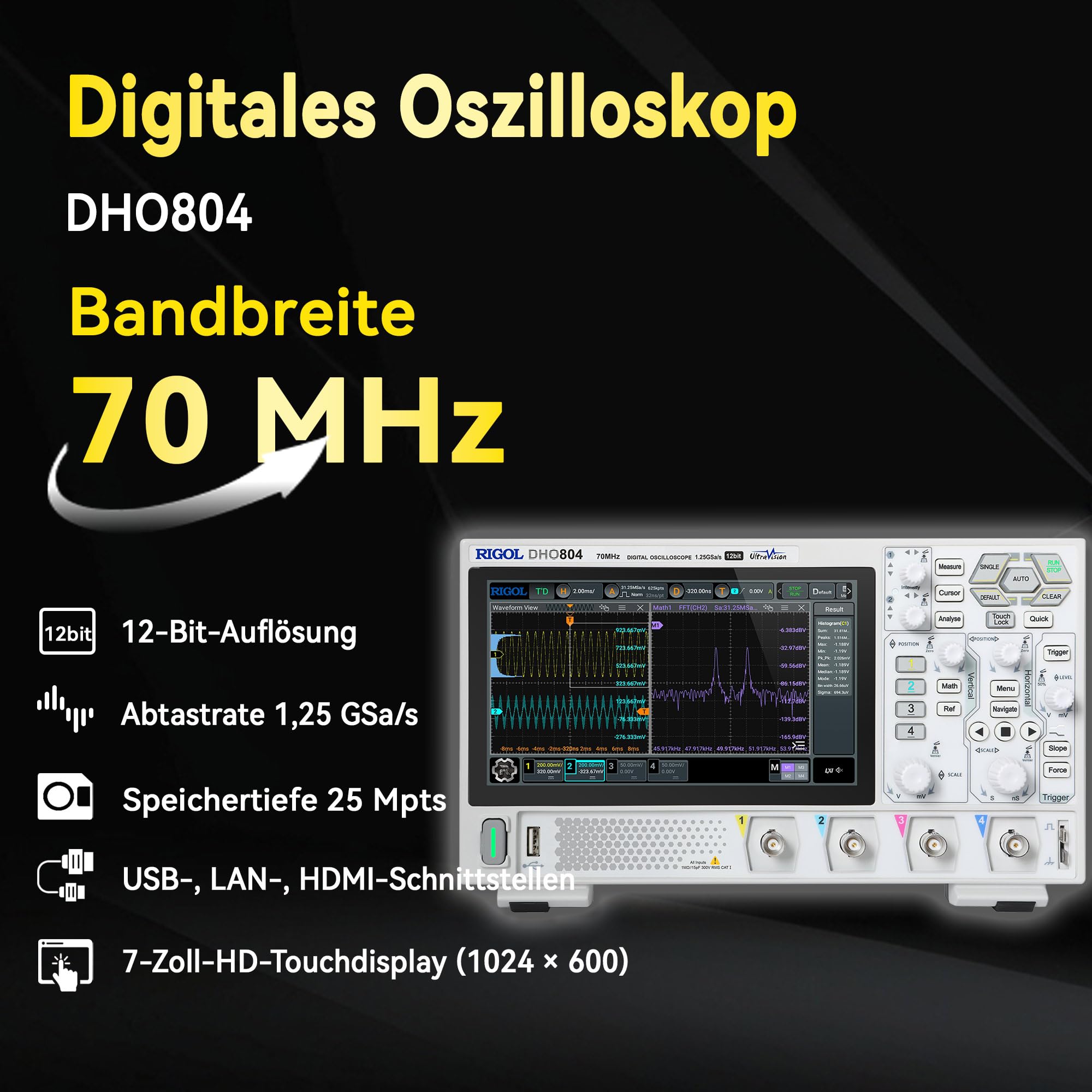 RIGOL Oszilloskop,DHO804 Tragbares Digitales Oscilloscope,70MHz Bandbreite,4 analoge Kanäle,12bit vertikale Auflösung,niedriges Grundrauschen,Unterstützung für mobile Netzteile