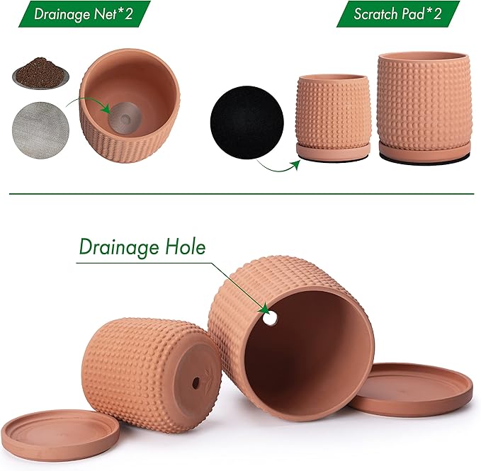 The beaded design on these pots adds a decorative touch to any room and complements a variety of interior styles. The terracotta color of the pots adds warmth and natural charm to your indoor space. With dimensions of 6 inches in diameter and 4 inches in height, these pots are perfect for small to medium-sized plants and flowers.