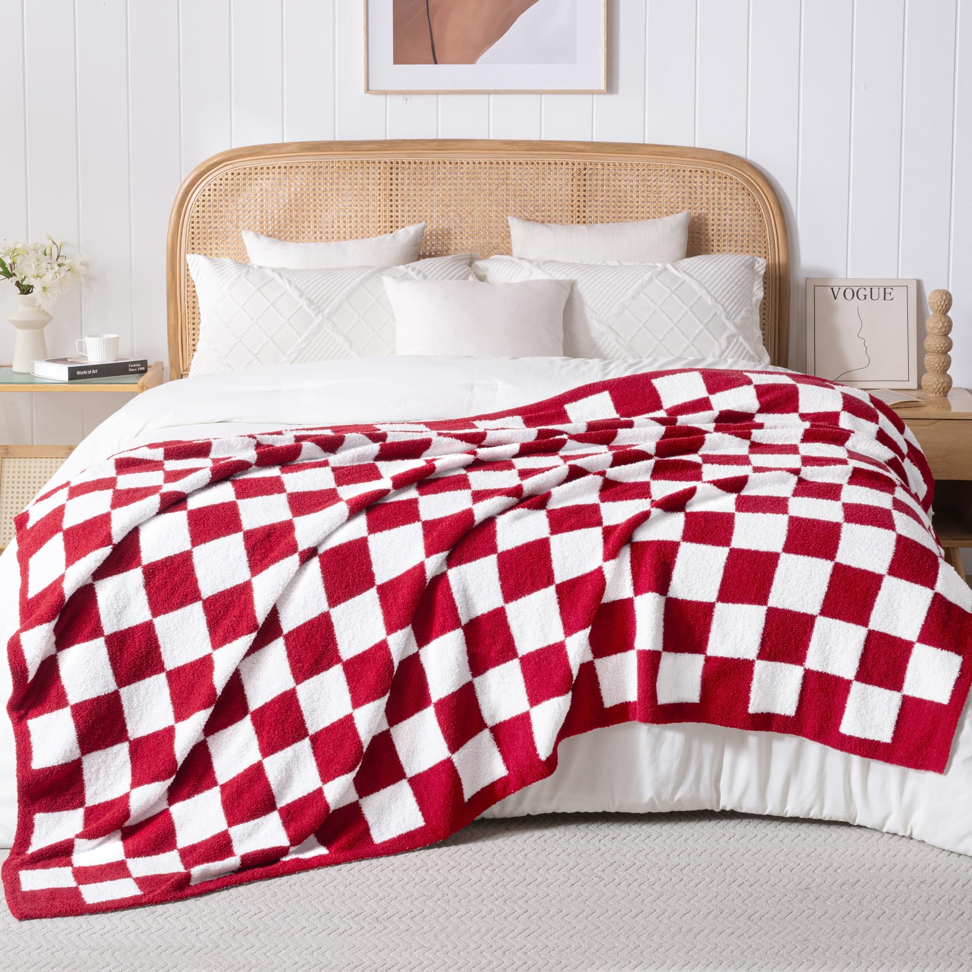 Exclusivo Mezcla Karierte Decke, Weiche Gestrickte Kuscheldecke, Kuschelige Karo Fleecedecke, Leichte Flauschige Decke für Sofa und Bett, 220x240 cm, Tiefrot