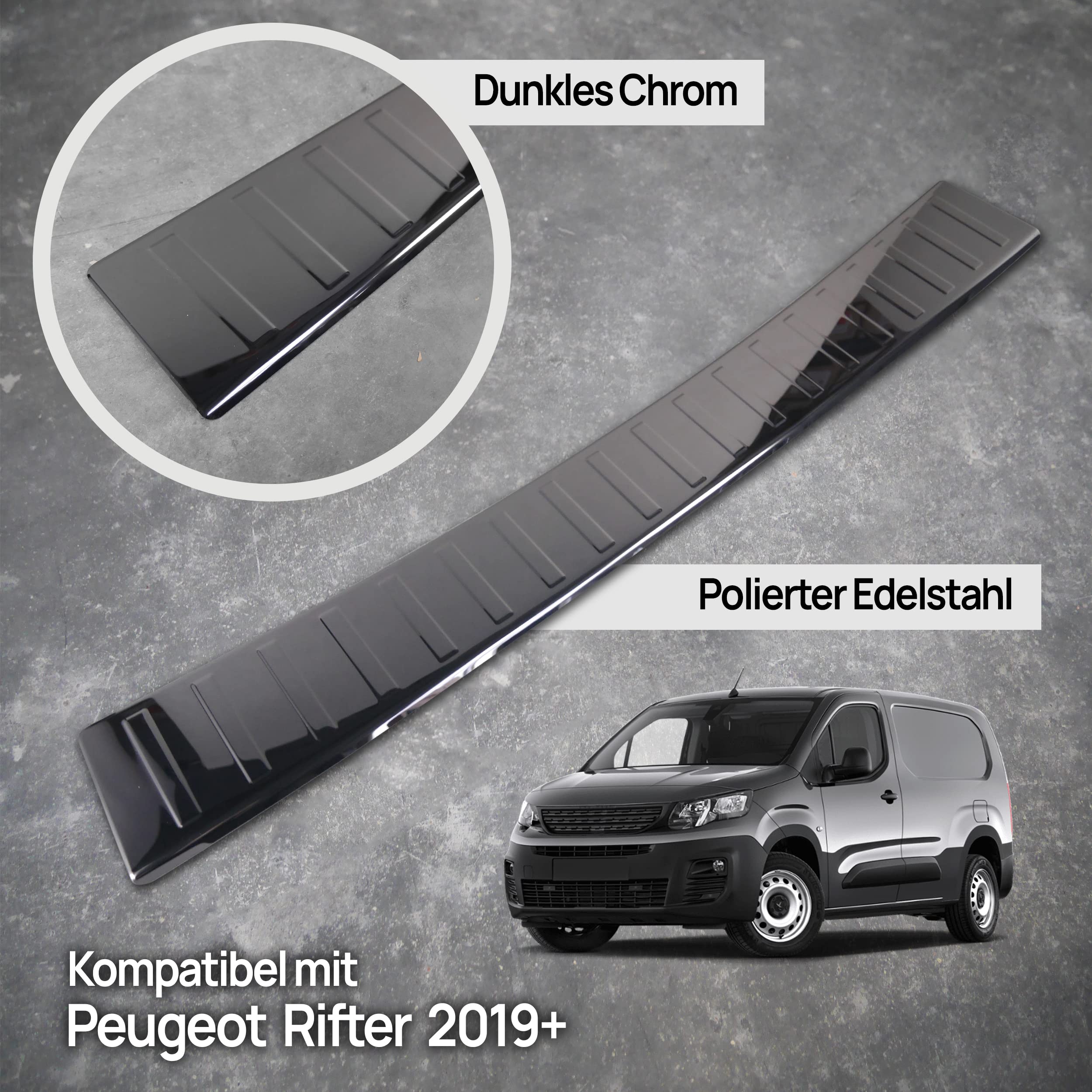 CHROMEMASTER | Ladekantenschutz Stoßstangenschutz | Kompatibel mit Peugeot Rifter 2019- ; Polierter Edelstahl, Dunkelchrom; Unsere Lackschutzleiste Sichert den Heckstoßfänger vor Kratzern
