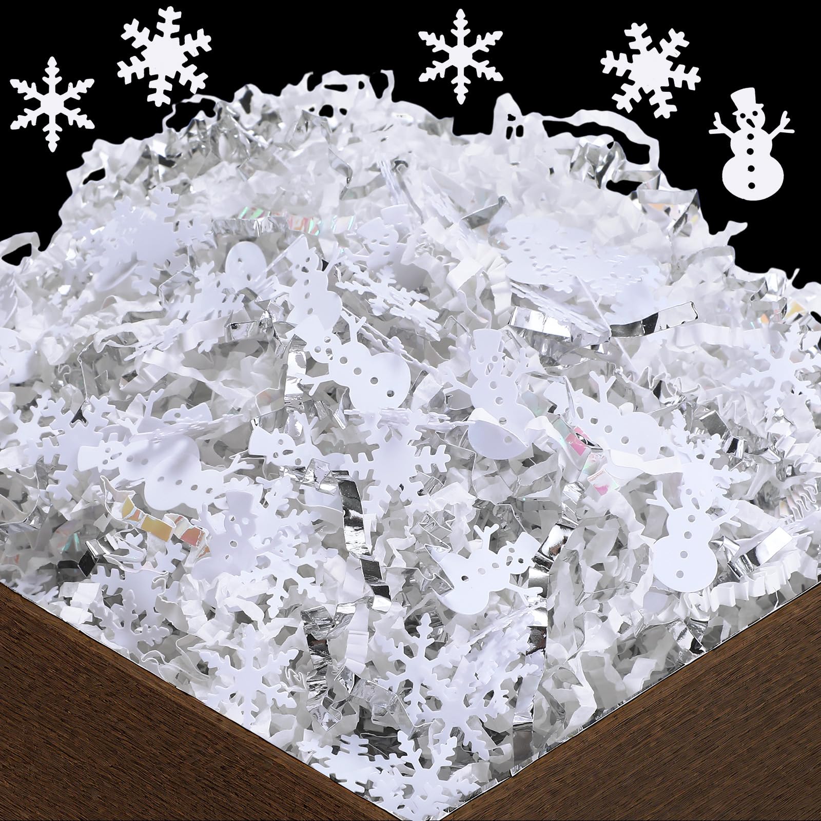 Weihnachtskorbfüller, 900 g, metallisch, rot, grün, zerknittertes Papier, Nussknacker, Weihnachtsbaum-Konfetti für Frohe Weihnachten, Geschenkkorb, Verpackung, Füllstoffe (Silber