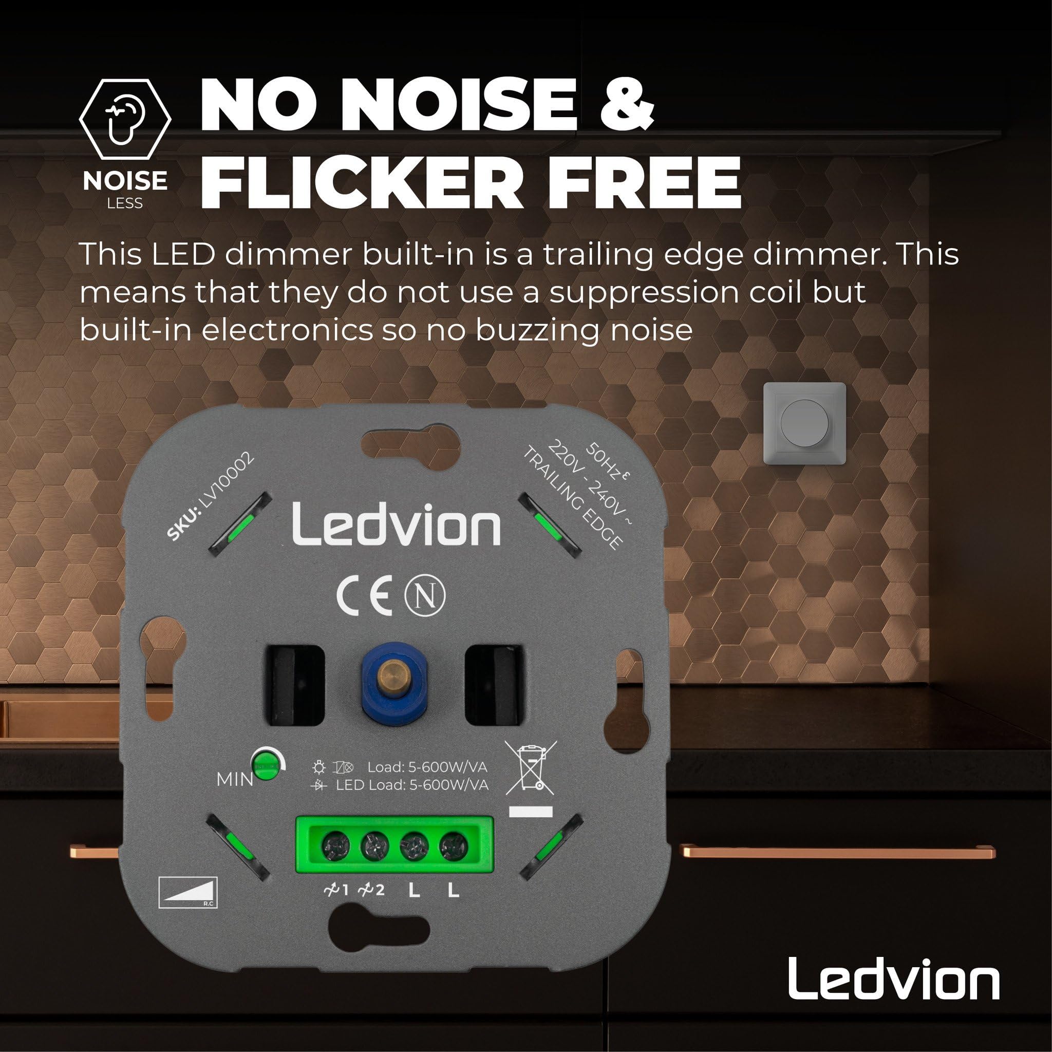 Ledvion - Variateur de Lumiere LED, LED Dimmables 5–600W / Halogène 10–600W, Couverture Blanche, à Découpage de Phase, Variateur Rotatif Encastré, Interrupteur Variateur LED