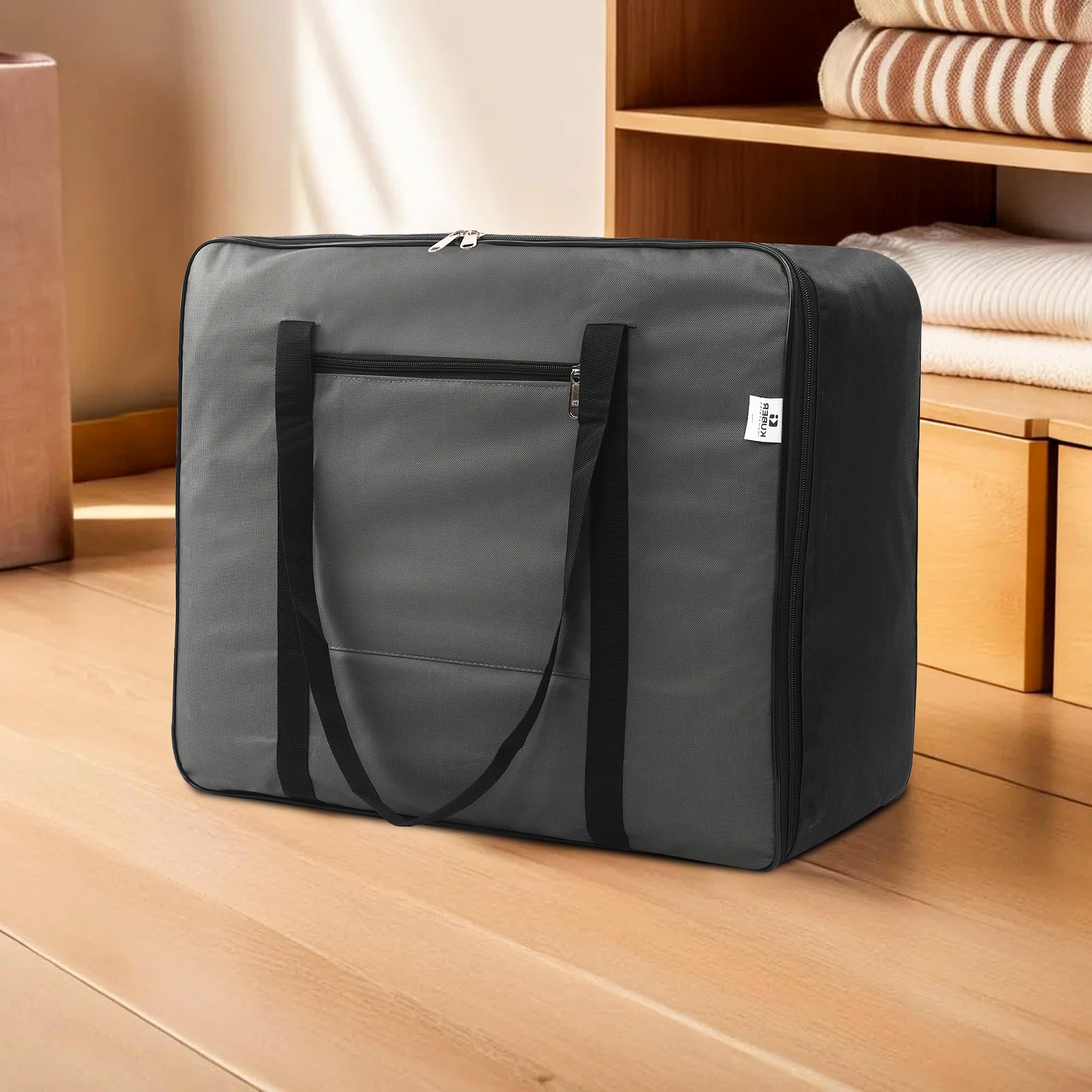 Kuber Industries Storage Bag | Clothes Storage Bag | Wardrobe Organizer for Blanket | Rexine Underbed Storage Bag | Foldable Attachi Bag with Handle | Black Patti | Large | Grey-image-25