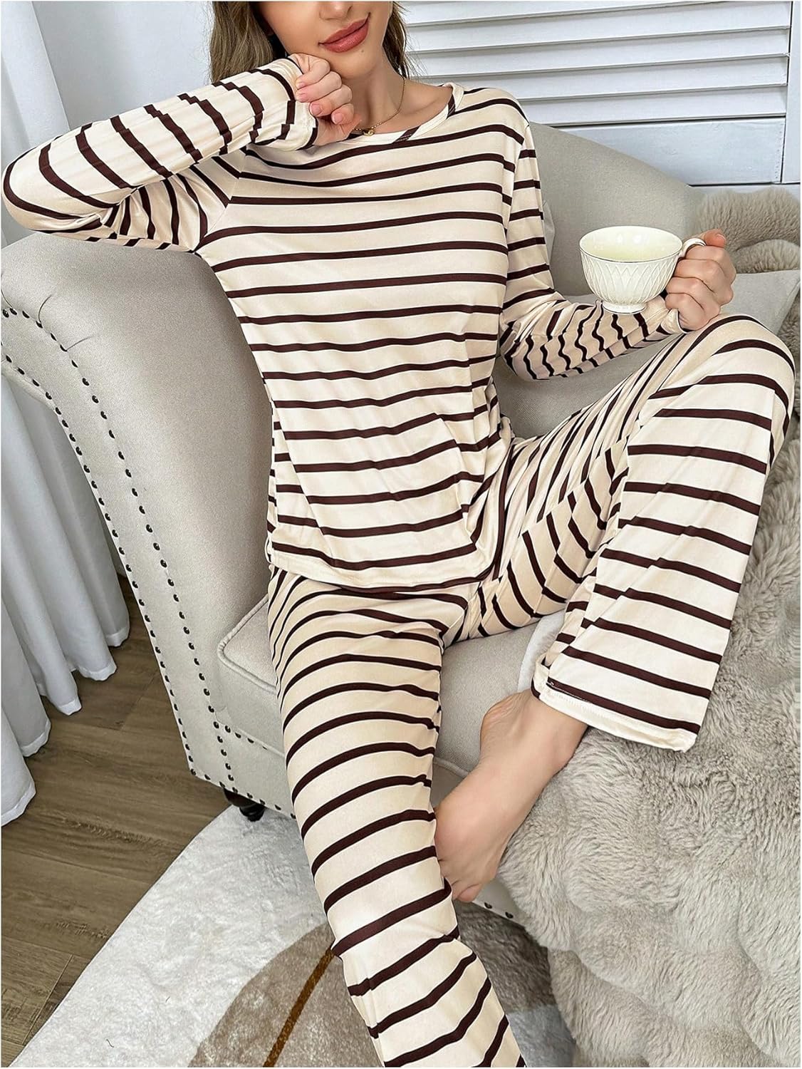 MakeMeChic Women's Two Piece Pajama Sets Striped Long Sleeve Tops with Pants Lounge Set - Image 5