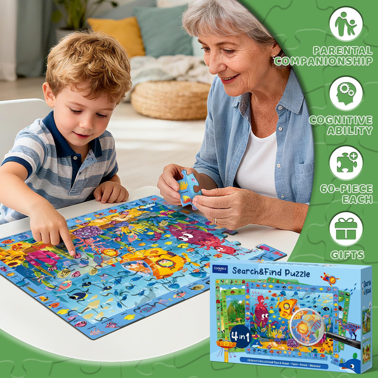 Juego de rompecabezas 4 en 1 para niños – Puzzle educativo de 60 piezas, divertido regalo de Navidad y cumpleaños para niños de 3 a 8 años