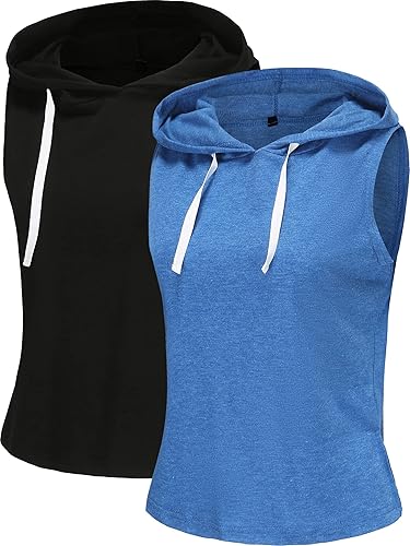 Fanfly Paquete de 2 camisetas de entrenamiento sin mangas con capucha para mujer, estilo casual, atlético, gimnasio, ejercicio, para mujer