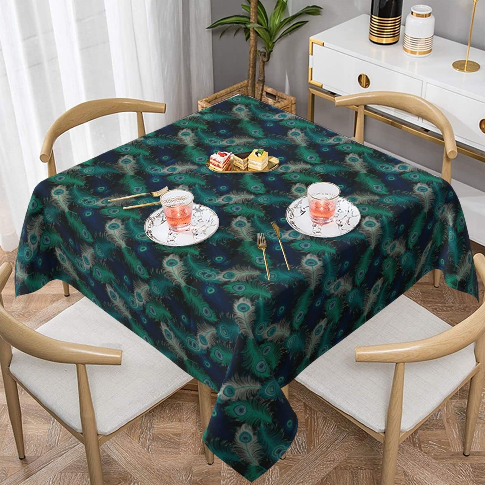 Nappe carrée imprimée paon frais imperméable et lavable pour restaurant