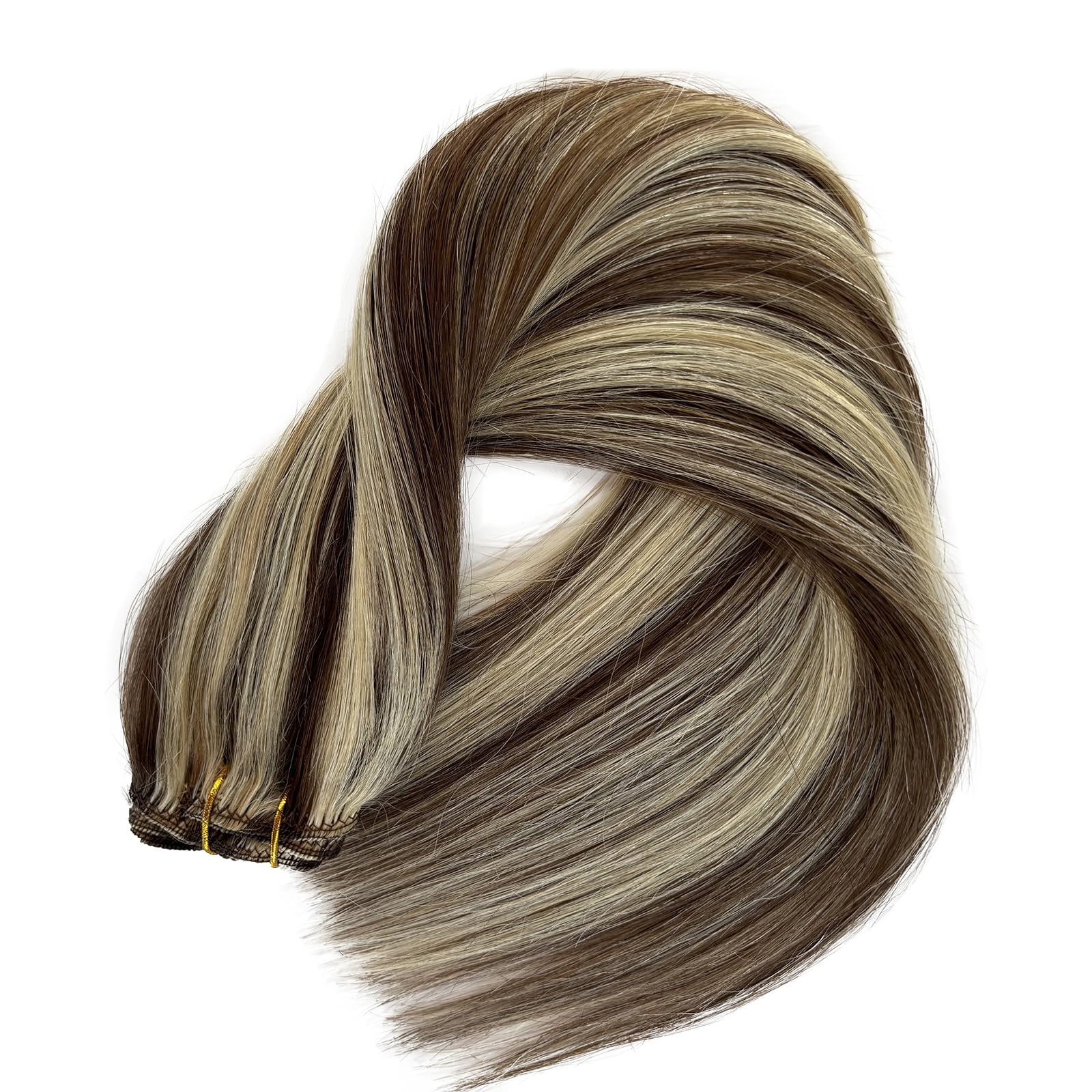 Doczepiane włosy z klipsem, prawdziwe ludzkie włosy, 38 cm, 7 szt., brązowe i blond, pasemka grube, pełne brązowe włosy z klipsami, lekkie w noszeniu