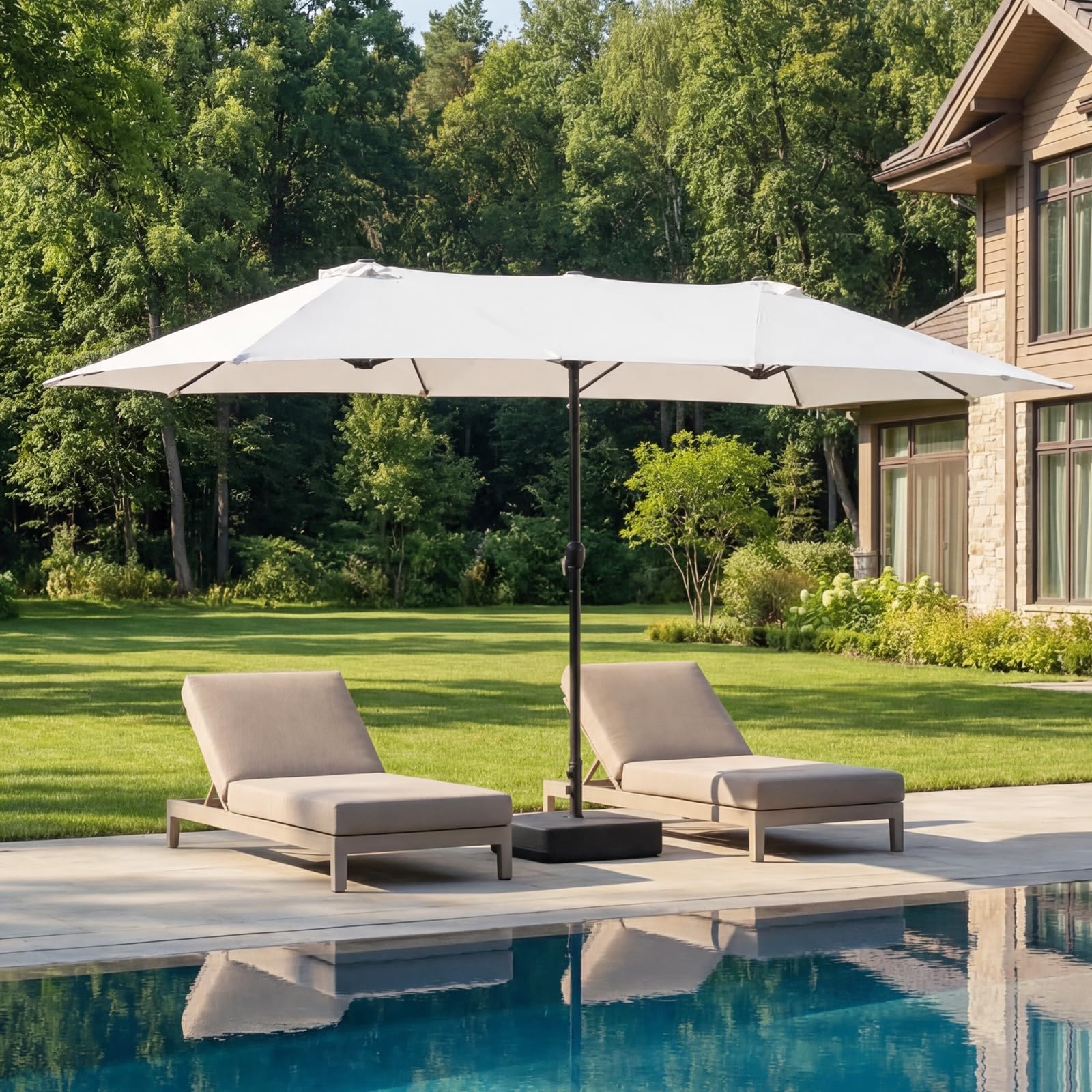 VOWNER Sonnenschirm Doppelseitiger, 4,4mx2,6m, Rechteckig Sonnenschirm mit Kurbel, Sommer Schirm Rechteckig Gartenschirm UV-Schutz, für Terrasse, Garten, Pool, Beige, mit Sonnenschirmhalter + Base
