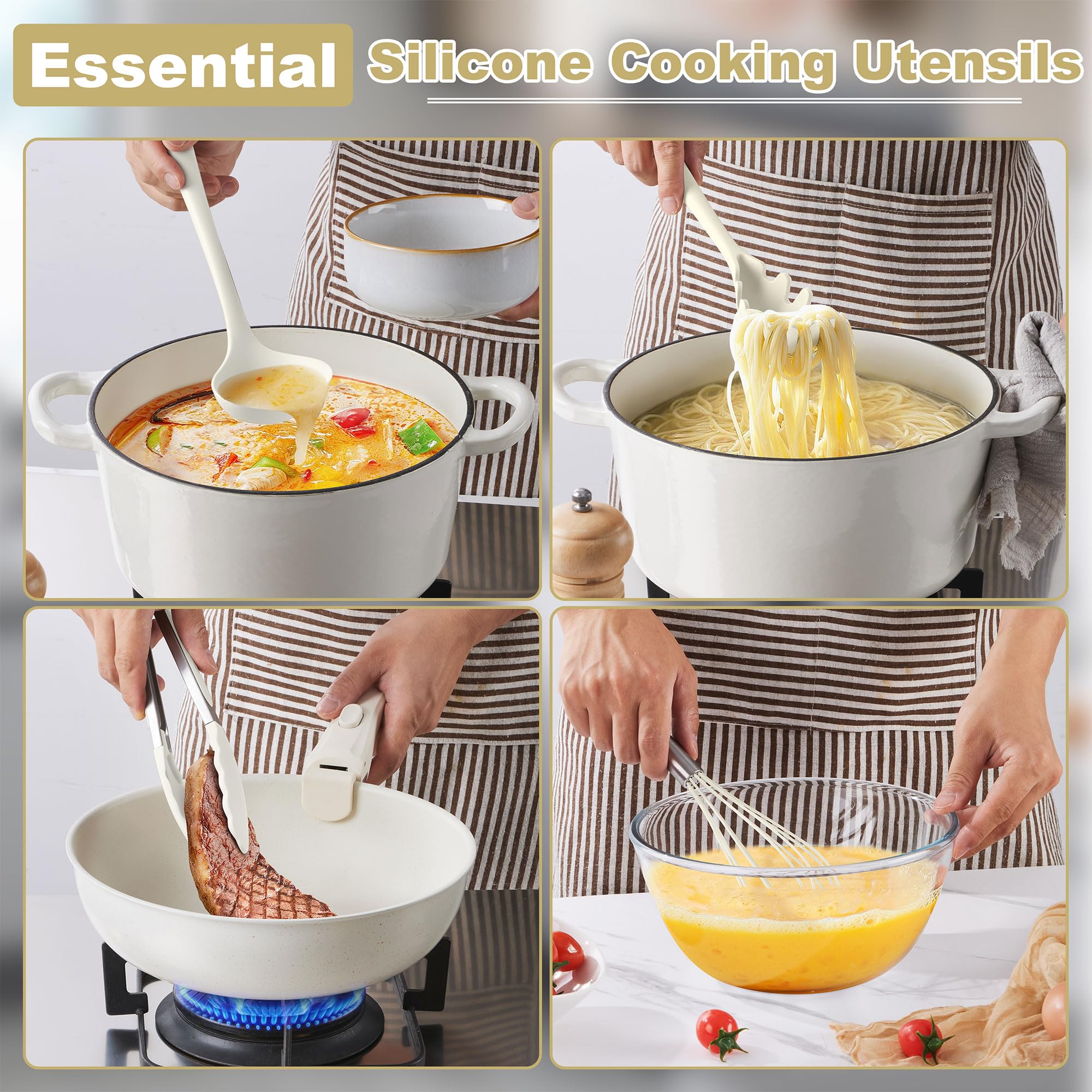 LIANYU Juego de 14 utensilios de cocina con soporte, juego de espátulas de silicona para cocina, resistentes al calor, incluye cuchara volteadora, batidor, pinza para batir, apto para lavavajillas,