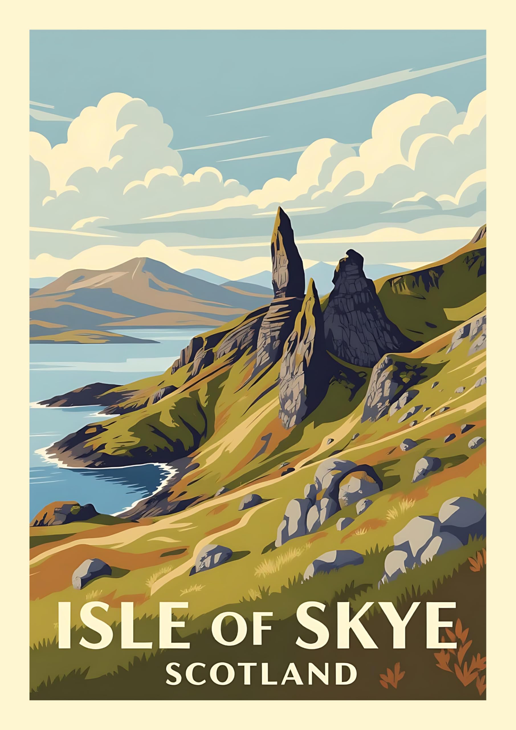 Isle of Skye Scotland Vintage Travel Art Print, Coastal Landscape Wall Poster. Size A4