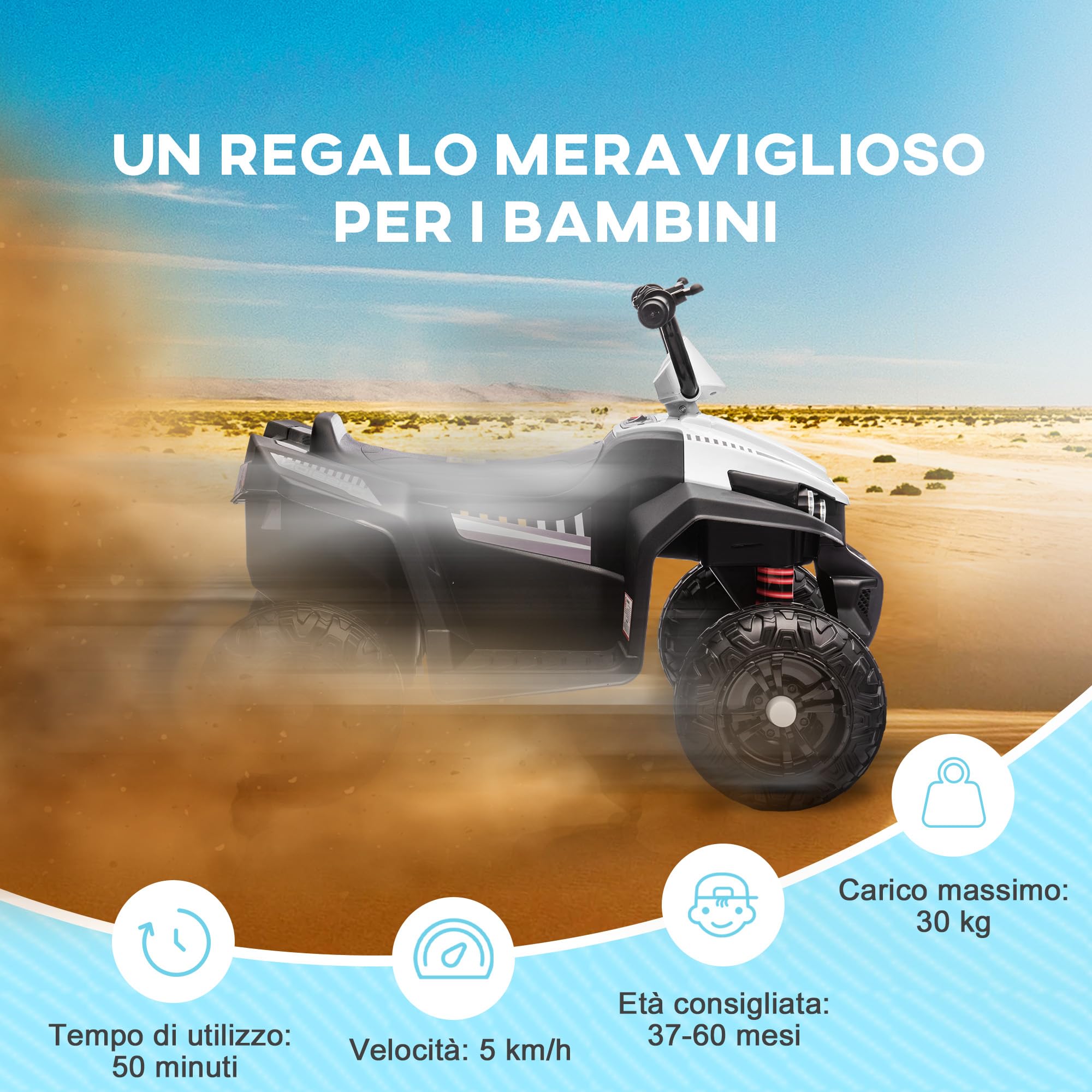 AIYAPLAY Quad Elettrico per Bambini 12V, Auto Elettrica per Bambini con 2 Motori, 5 km/h, Sospensioni, Fari LED, MP3, per 37-60 Mesi, Interno ed Esterno, Bianco