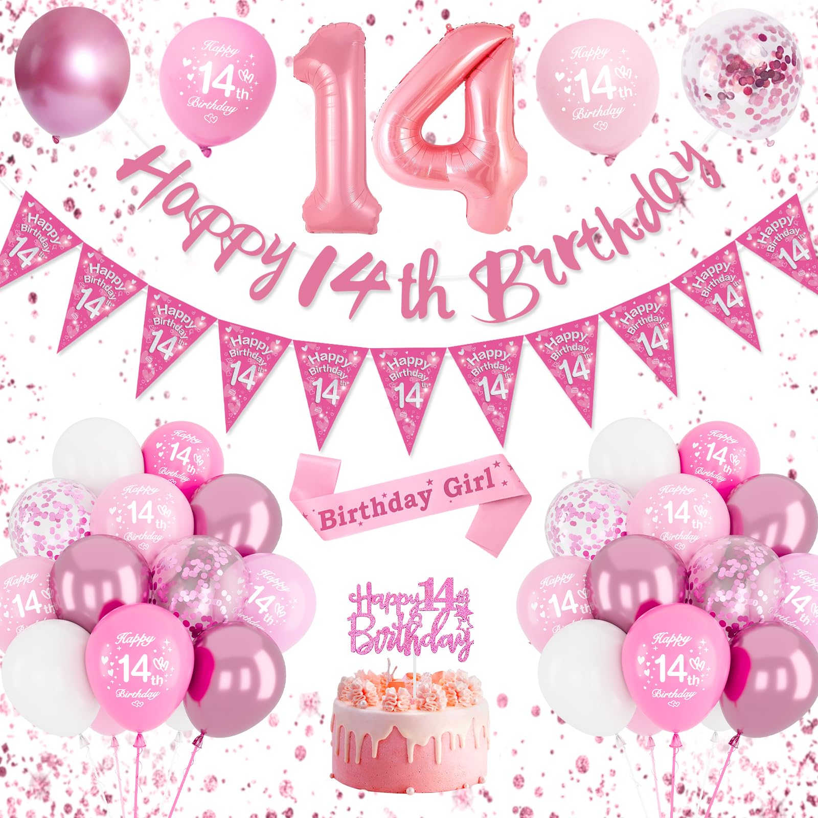 14th Birthday Decorations for Girls, Pink Balloons with Birthday Banner