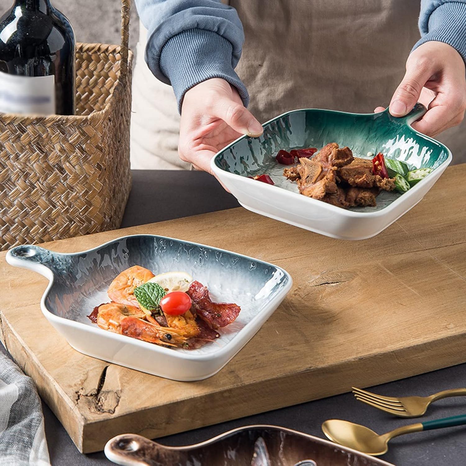 Bakeware Ceramic Baking Dish Serving Tray Tableware Square Handle Sushi Dessert Fruit Dishes Restaurant Plates Baking Dinnerware 2 Pcs Baking Pan (Color : Blue) (Green N) (Brown N)