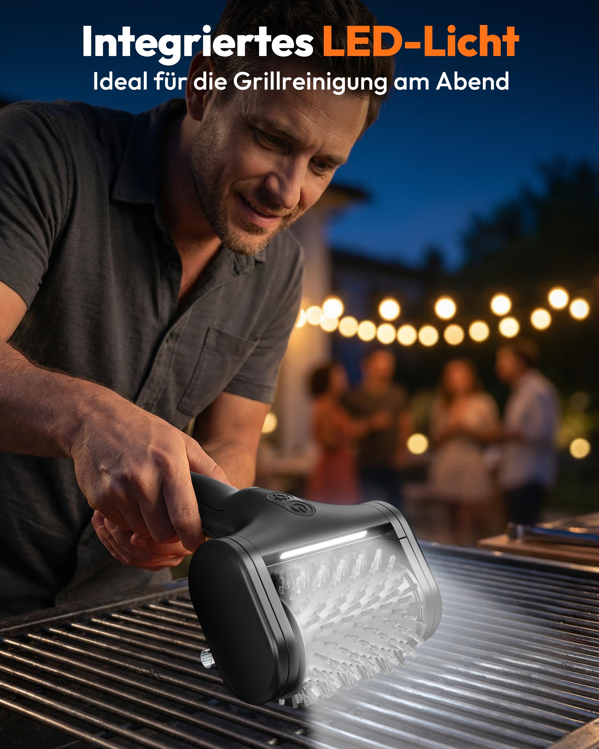Elektrische Grillbürste Kabellos, 2 Geschwindigkeiten Grillreiniger | USB-C Wiederaufladbar 150 Min, Wasserdicht, LED Licht, Edelstahl-Bürste, Elektrischer Grillreiniger für BBQ & Grillrost