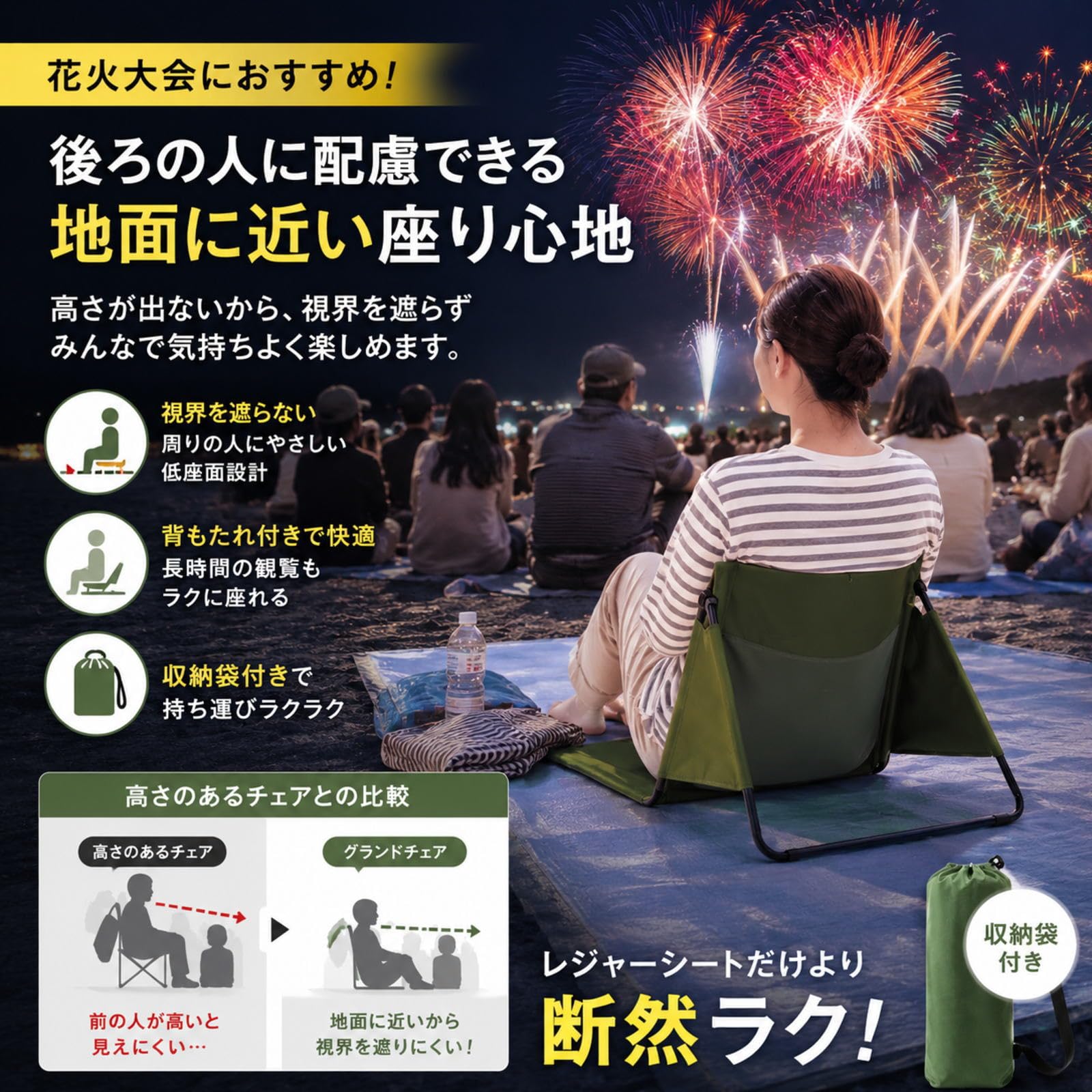 Amazon.co.jp: グランドチェア 座椅子 折りたたみ 収納袋付き 背もたれ