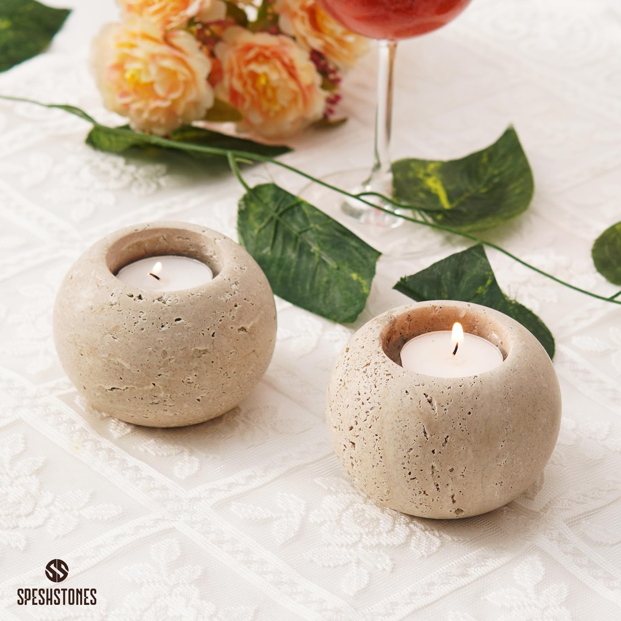Portacandele In Travertino Naturale WORHE - Set Da 2, Marmo Italiano, Fatto A Mano, Per Candele Coniche E A Pilastro, Diametro Fori 2,1 E 4 Cm