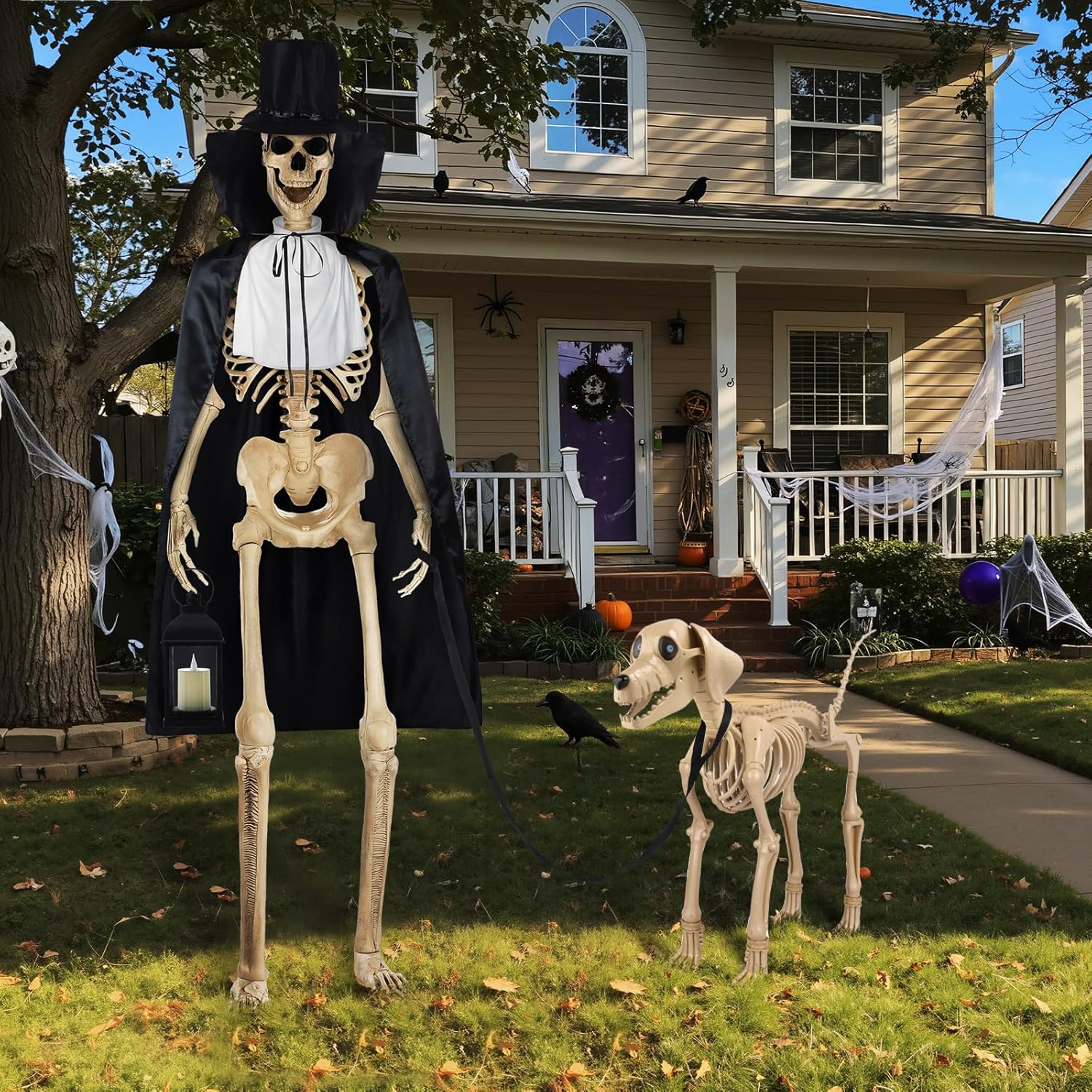 12 ft Giant Sized Skeleton Costume Set Top Hat, White Ruff, Black Cape, Lantern & Dog Leash for 12 ft Tall Halloween Skeleton and Dog, Not Include Skeletons